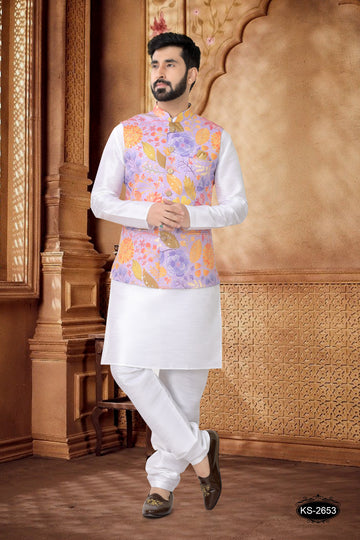 FLORAL FOIL PRINT JACKET KURTA SET IN PURPLE TONE