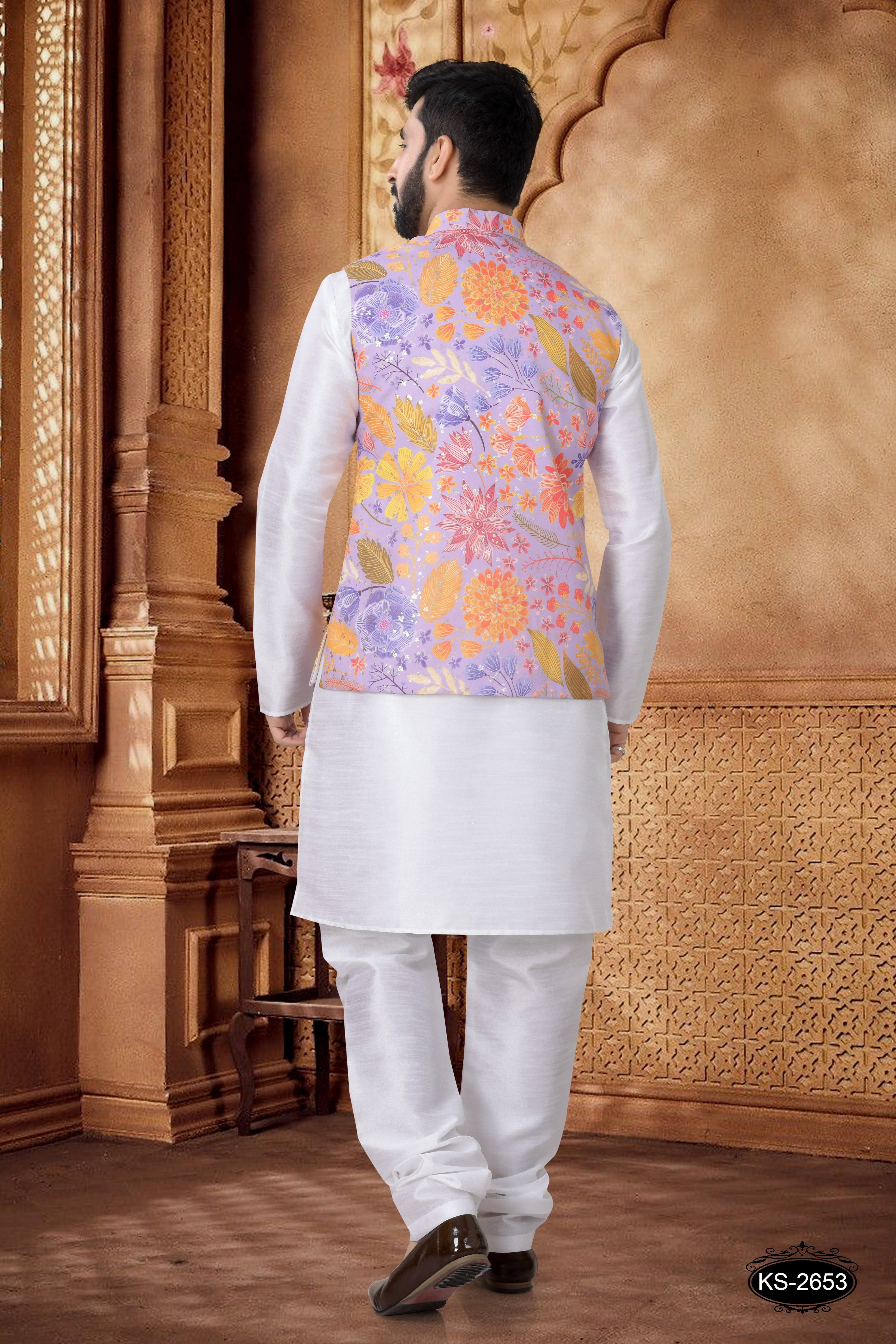 FLORAL FOIL PRINT JACKET KURTA SET IN PURPLE TONE