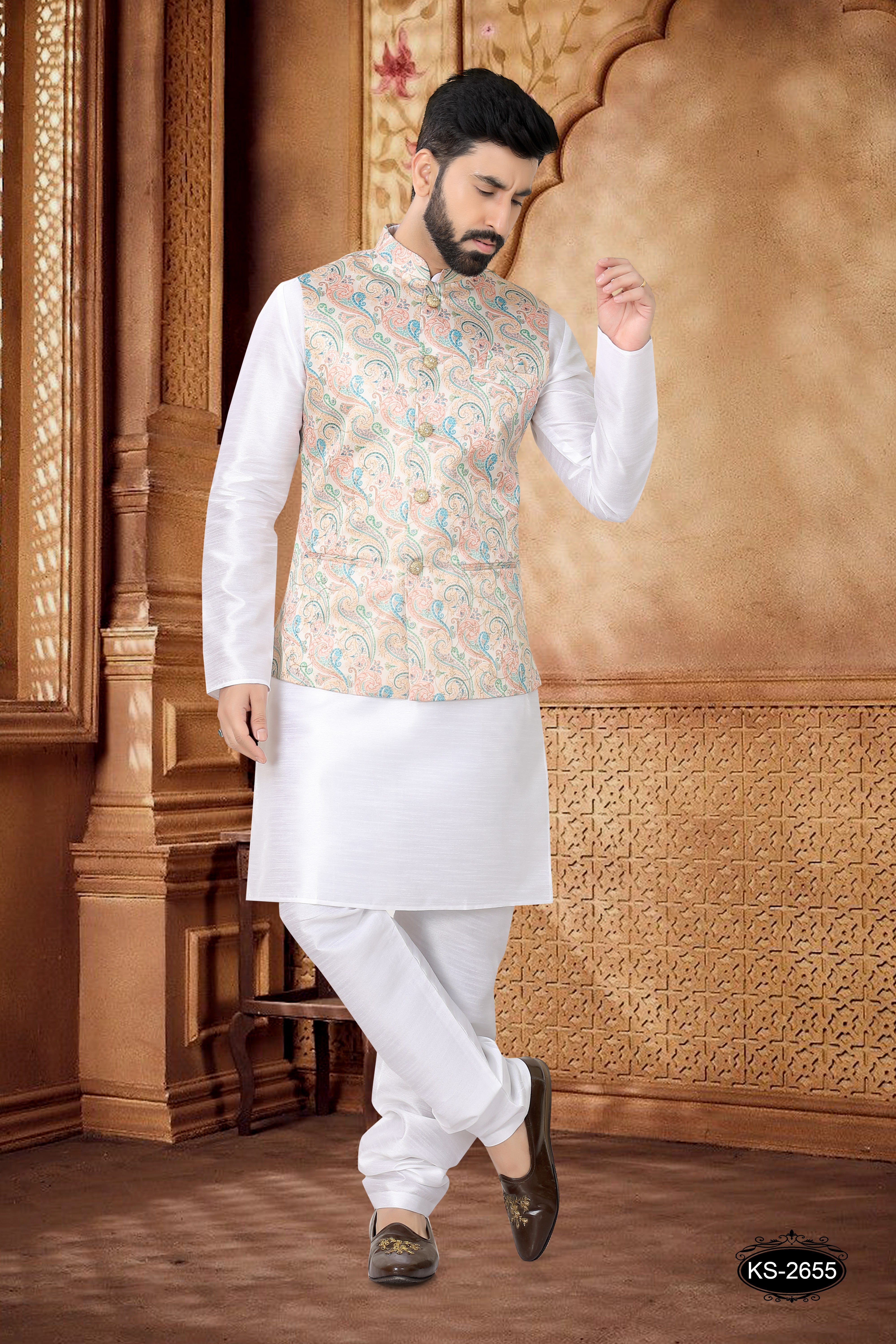 BEIGE TONE JACKET KURTA SET WITH SELF-DESIGN