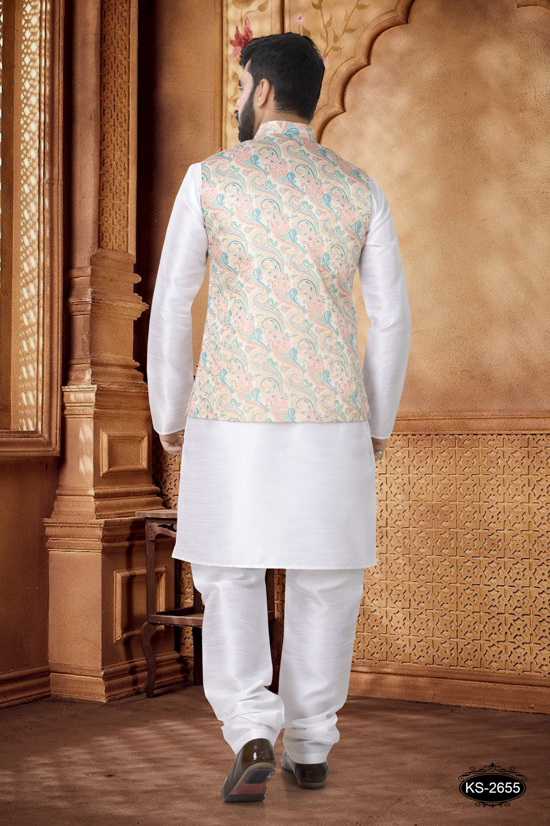 BEIGE TONE JACKET KURTA SET WITH SELF-DESIGN