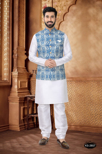 THREAD EMBROIDERY JACKET KURTA SET IN BLUE TONE