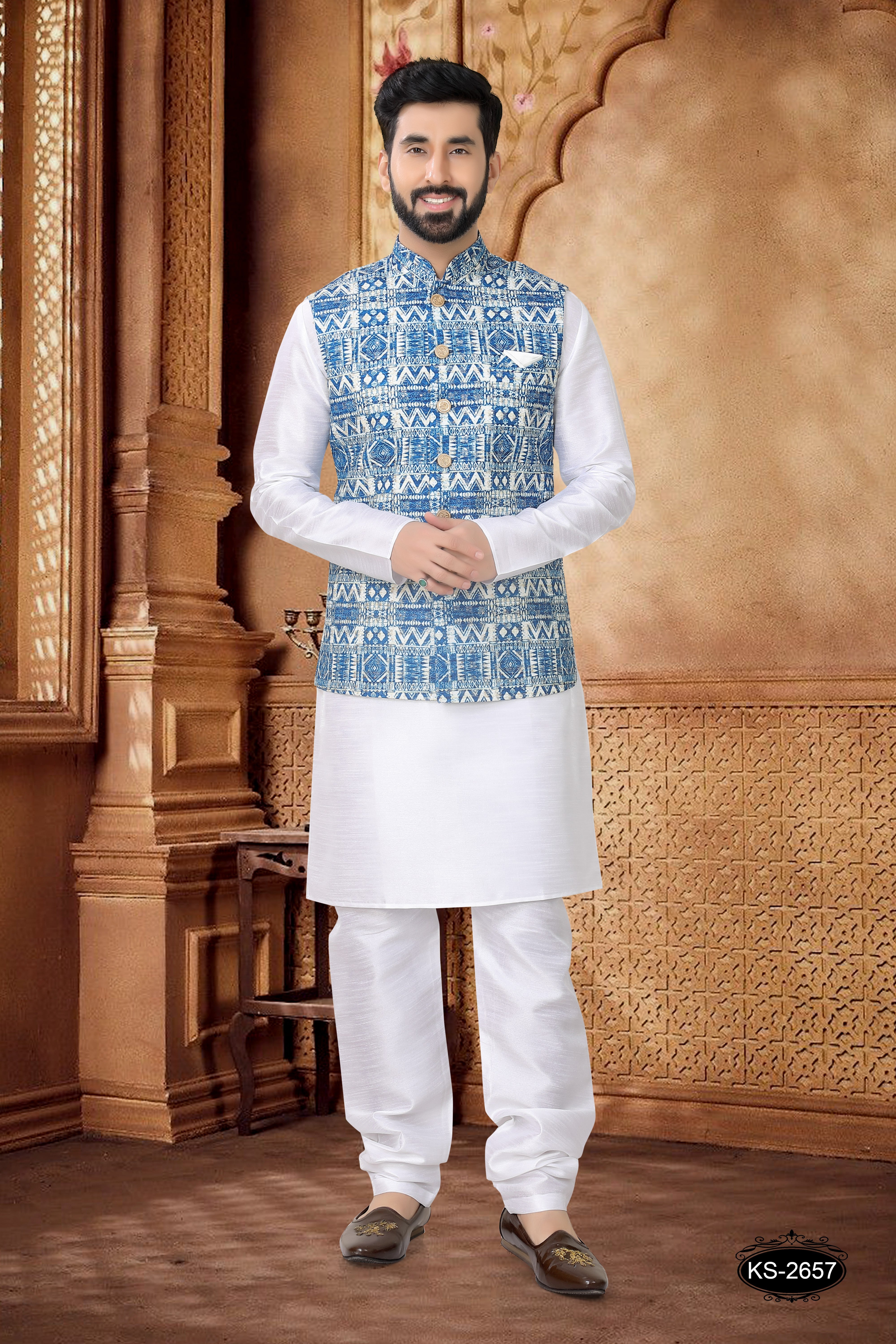 THREAD EMBROIDERY JACKET KURTA SET IN BLUE TONE