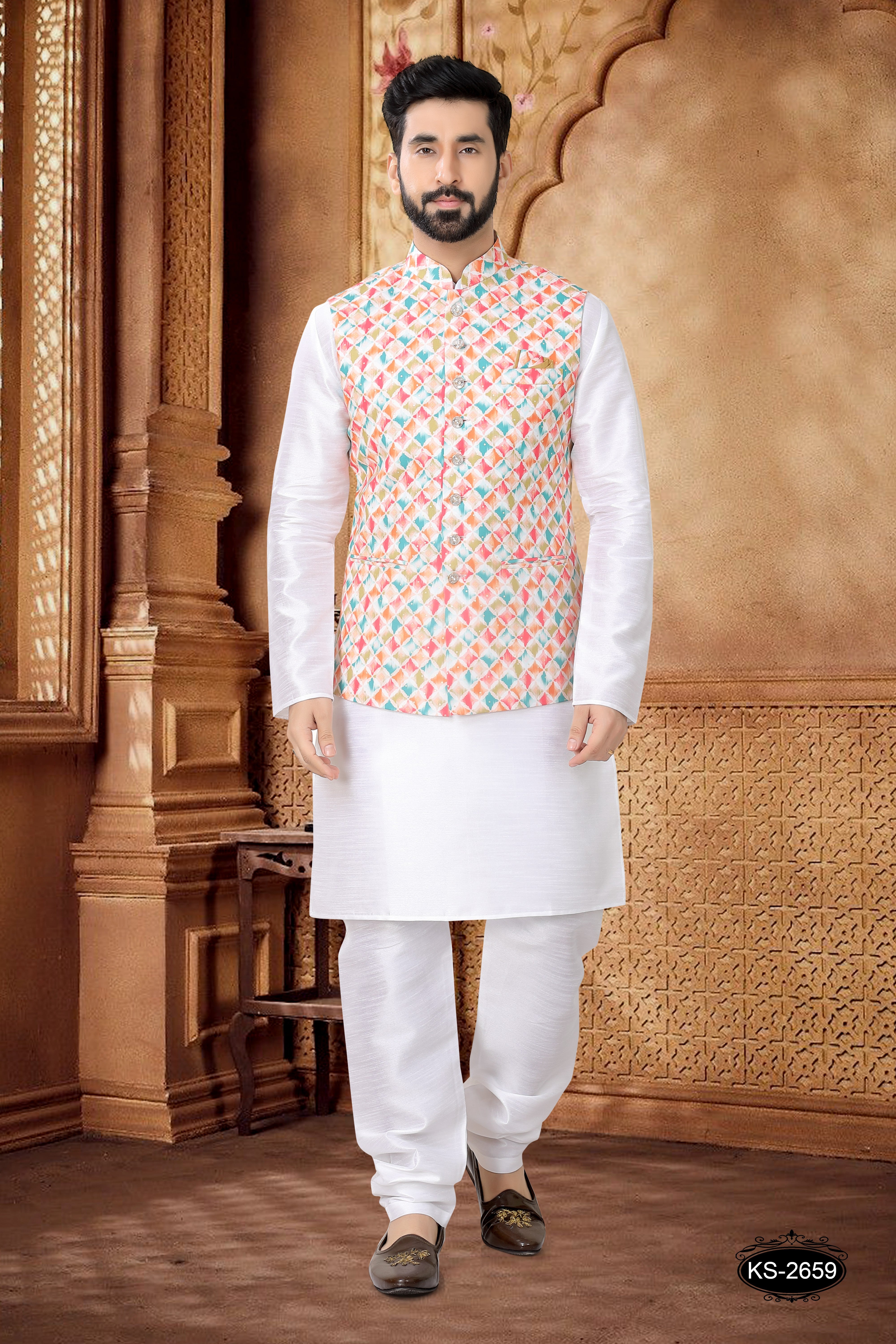 MULTI-TONE JACKET KURTA SET WITH UNQIUE FOIL-PRINT