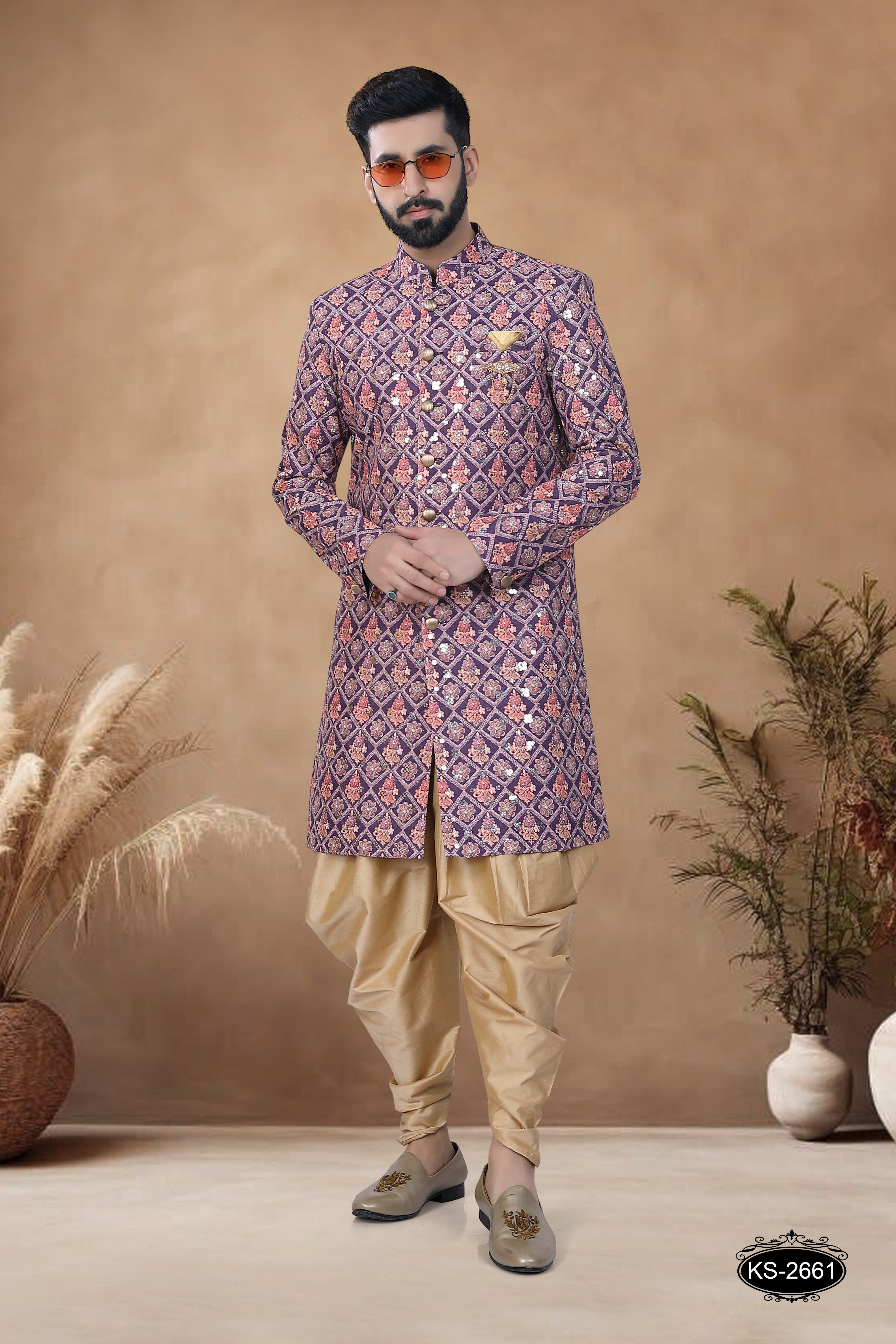WINE TONE INDO-WESTERN SET WITH GOLD PESHAWARI WITH THREAD EMBROIDERY ALL-OVER