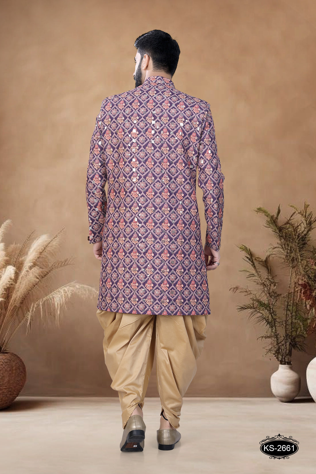 WINE TONE INDO-WESTERN SET WITH GOLD PESHAWARI WITH THREAD EMBROIDERY ALL-OVER