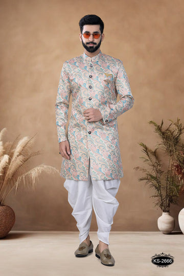CREAM-BASE ( MULTI-TONE ) INDO-WESTERN SET WITH SELF-DESIGN ALL-OVER