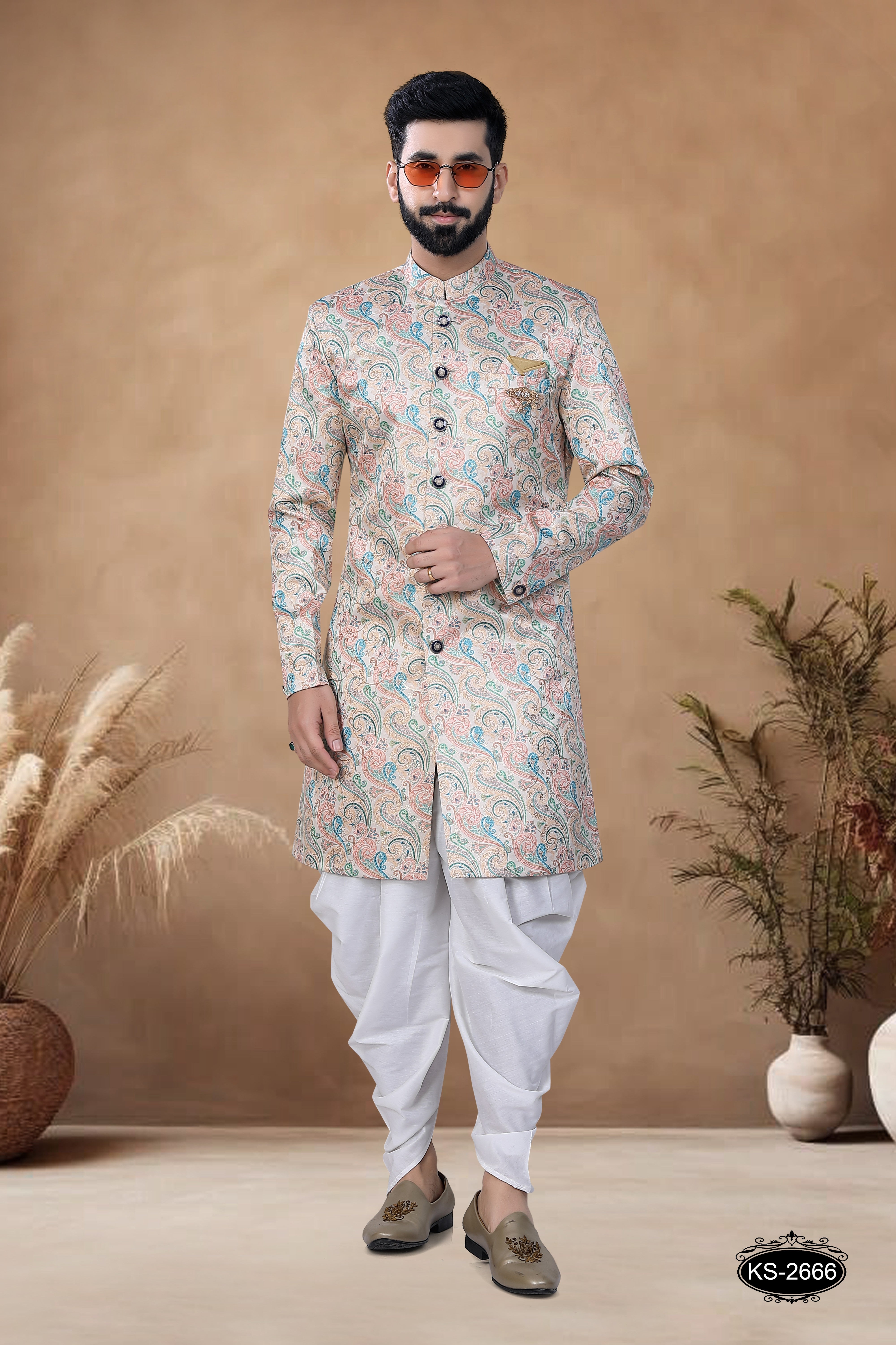 CREAM-BASE ( MULTI-TONE ) INDO-WESTERN SET WITH SELF-DESIGN ALL-OVER