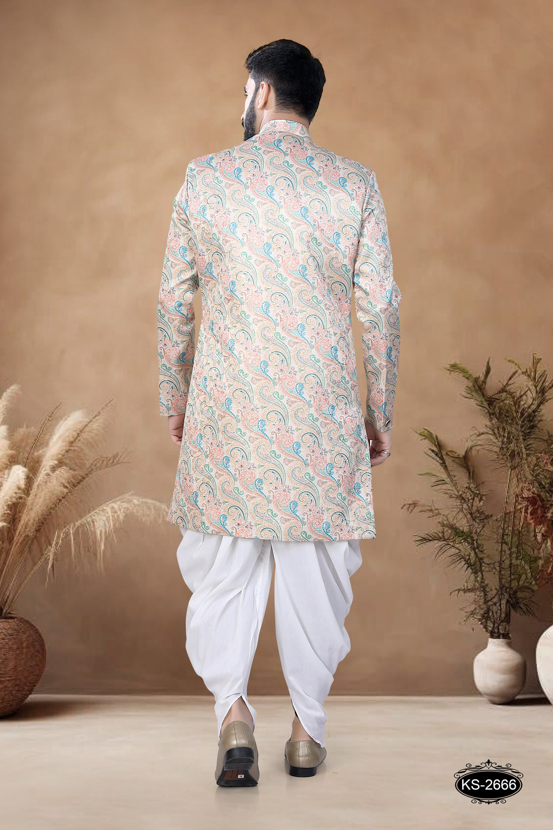 CREAM-BASE ( MULTI-TONE ) INDO-WESTERN SET WITH SELF-DESIGN ALL-OVER