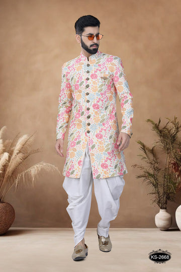 CREAM BASE ( MULTI-TONE ) INDO-WESTERN SET WITH THREAD EMBROIDERY ALL-OVER