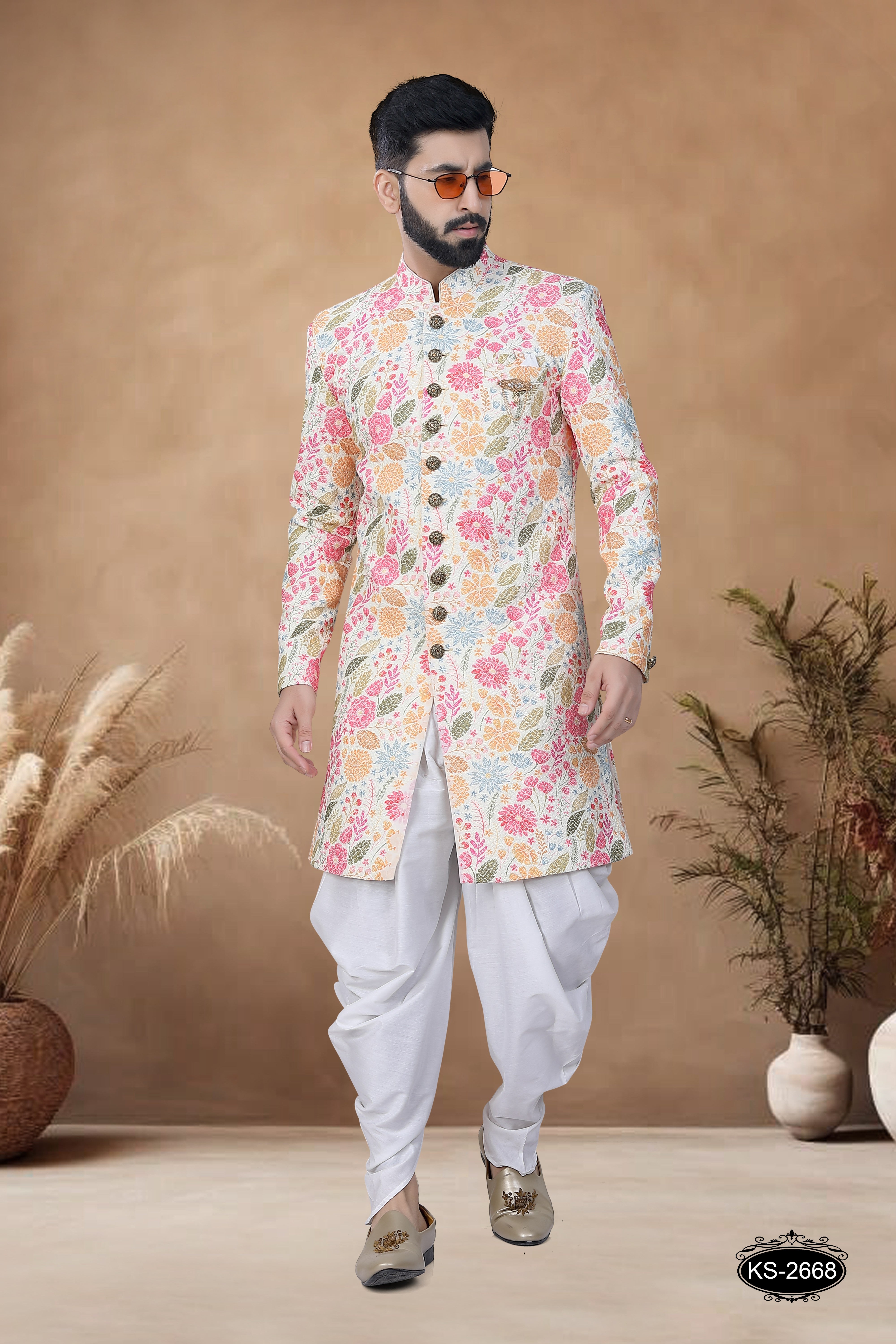CREAM BASE ( MULTI-TONE ) INDO-WESTERN SET WITH THREAD EMBROIDERY ALL-OVER