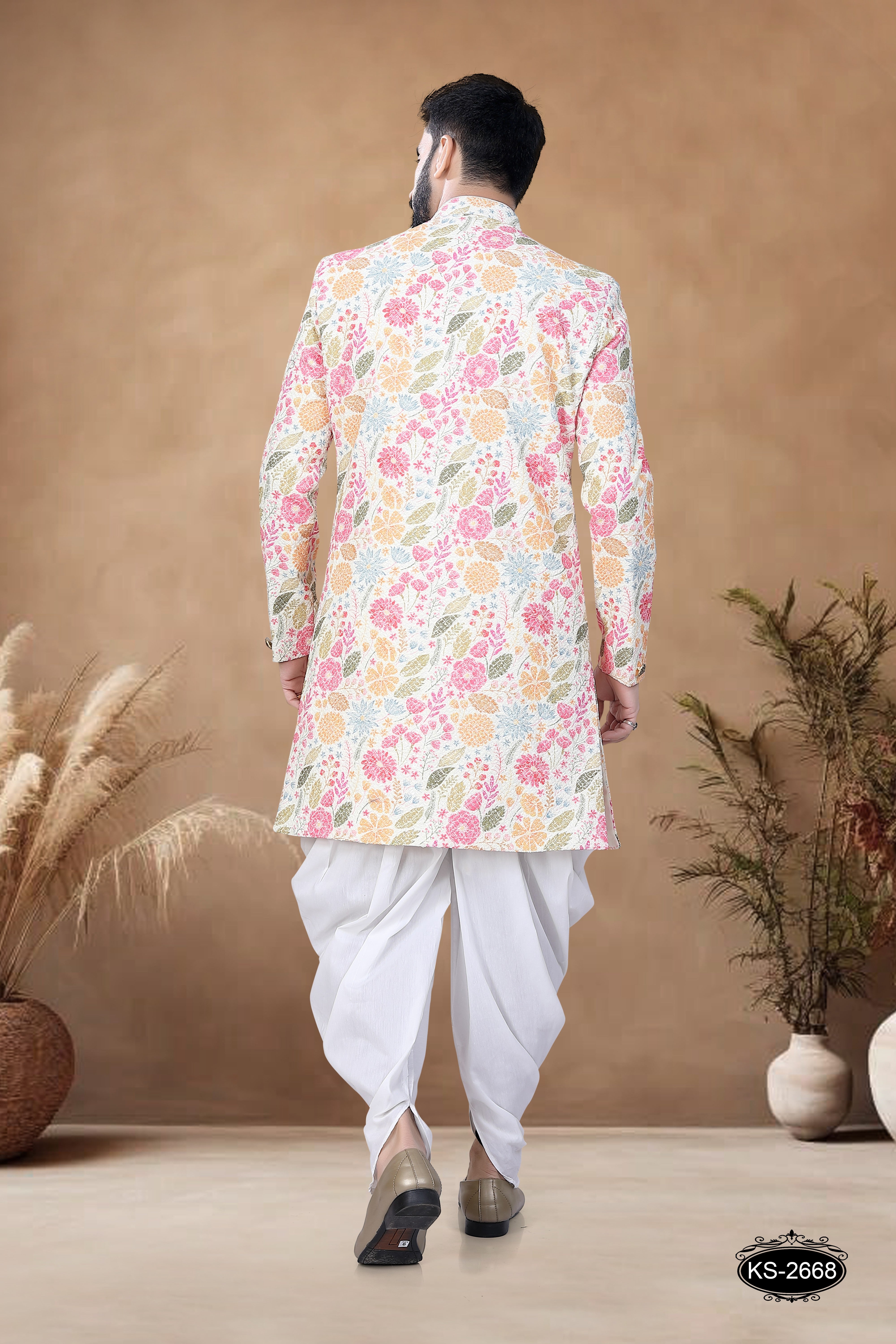 CREAM BASE ( MULTI-TONE ) INDO-WESTERN SET WITH THREAD EMBROIDERY ALL-OVER