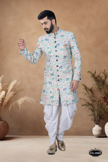 CREAM-BASE ( BLUE & GREEN ) INDO-WESTERN SET WITH THREAD EMBROIDERY ALL-OVER
