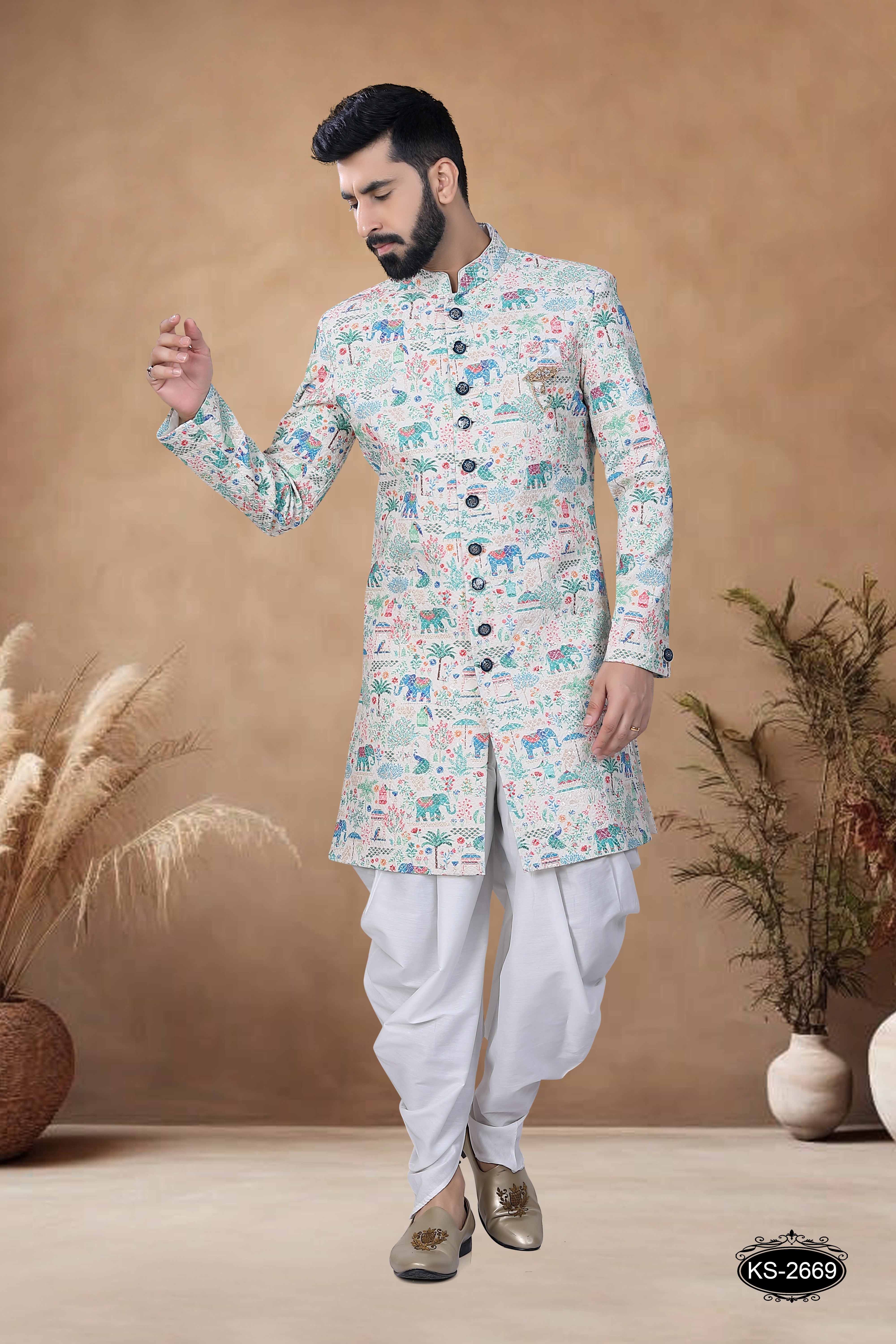 CREAM-BASE ( BLUE & GREEN ) INDO-WESTERN SET WITH THREAD EMBROIDERY ALL-OVER