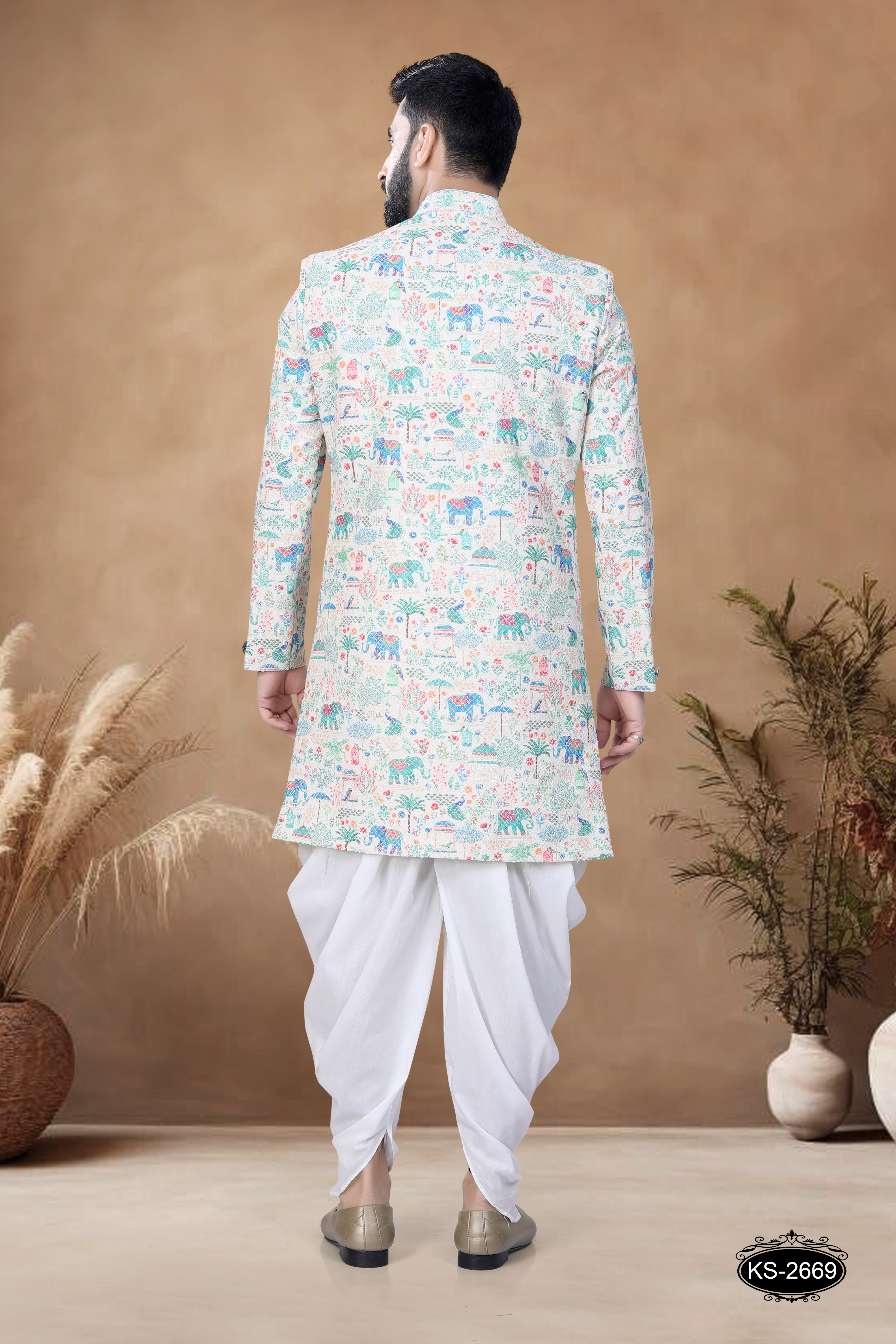 CREAM-BASE ( BLUE & GREEN ) INDO-WESTERN SET WITH THREAD EMBROIDERY ALL-OVER