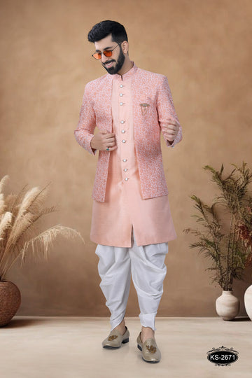 UNIQUE JACKET STYLE INDO-WESTERN SET IN PEACH TONE