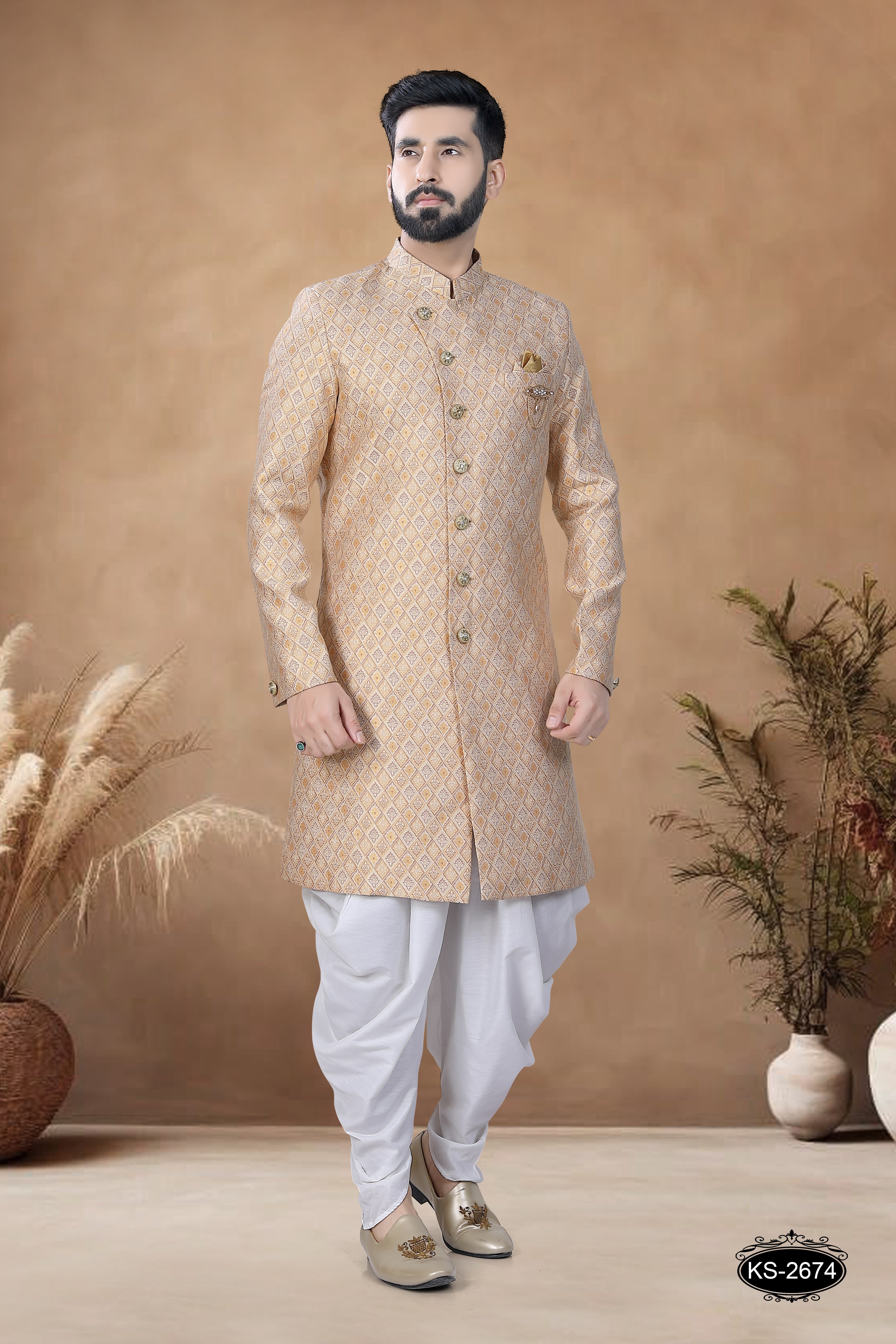 UNIQUE STYLE INDO-WESTERN SET IN YELLOW HUE WITH SELF-DESIGN
