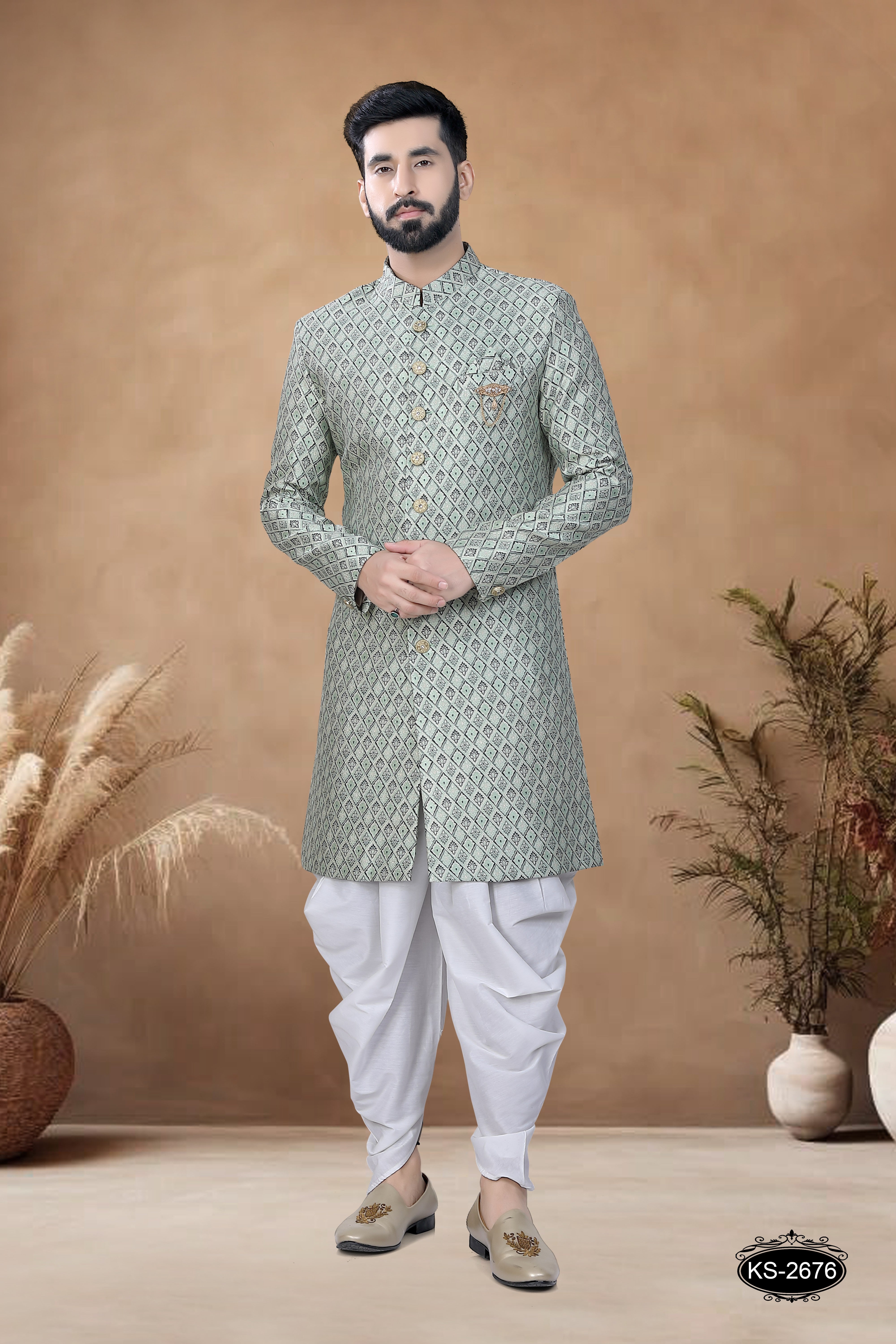 INDO-WESTERN SET IN GREEN TONE WITH SELF-DESIGN
