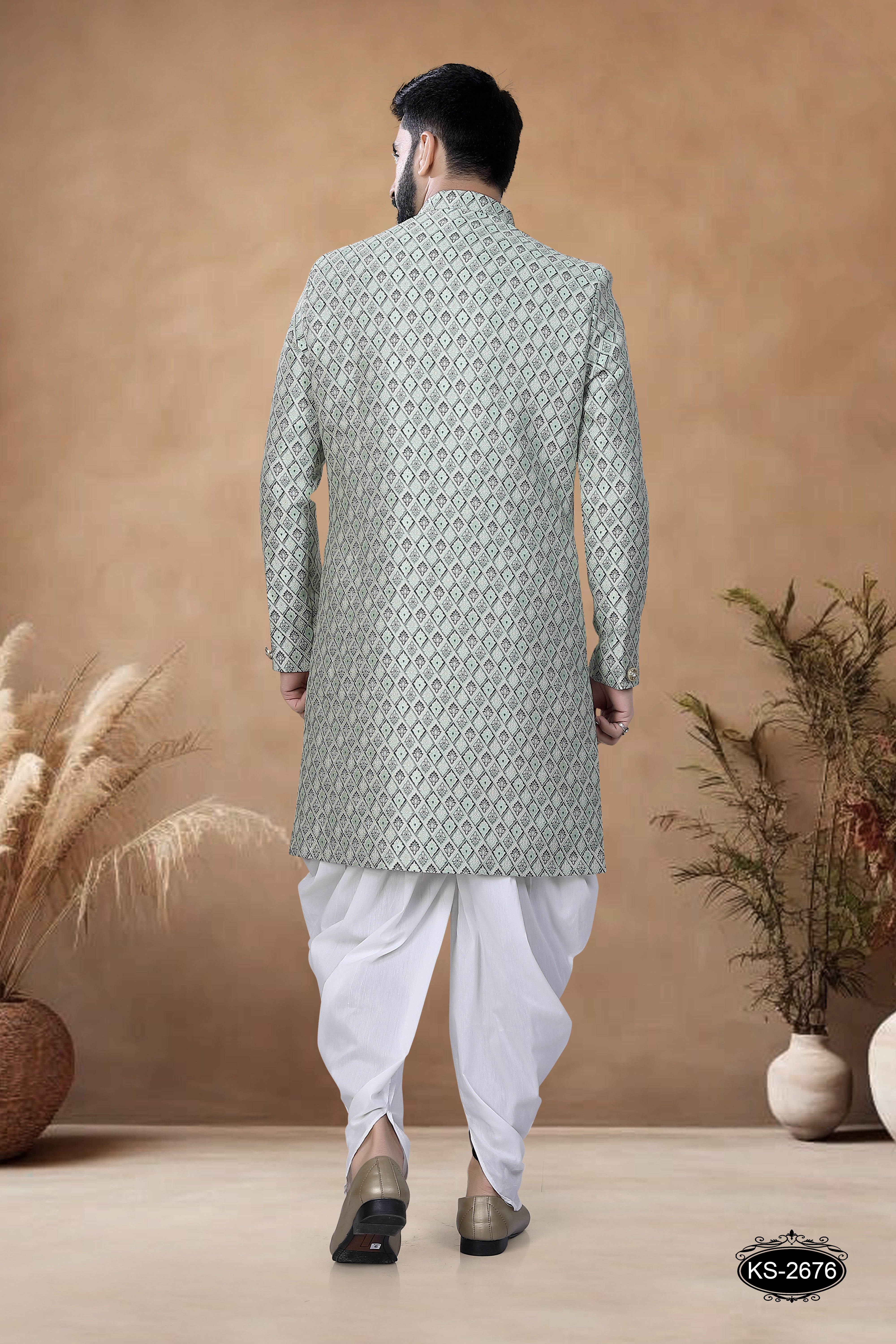 INDO-WESTERN SET IN GREEN TONE WITH SELF-DESIGN