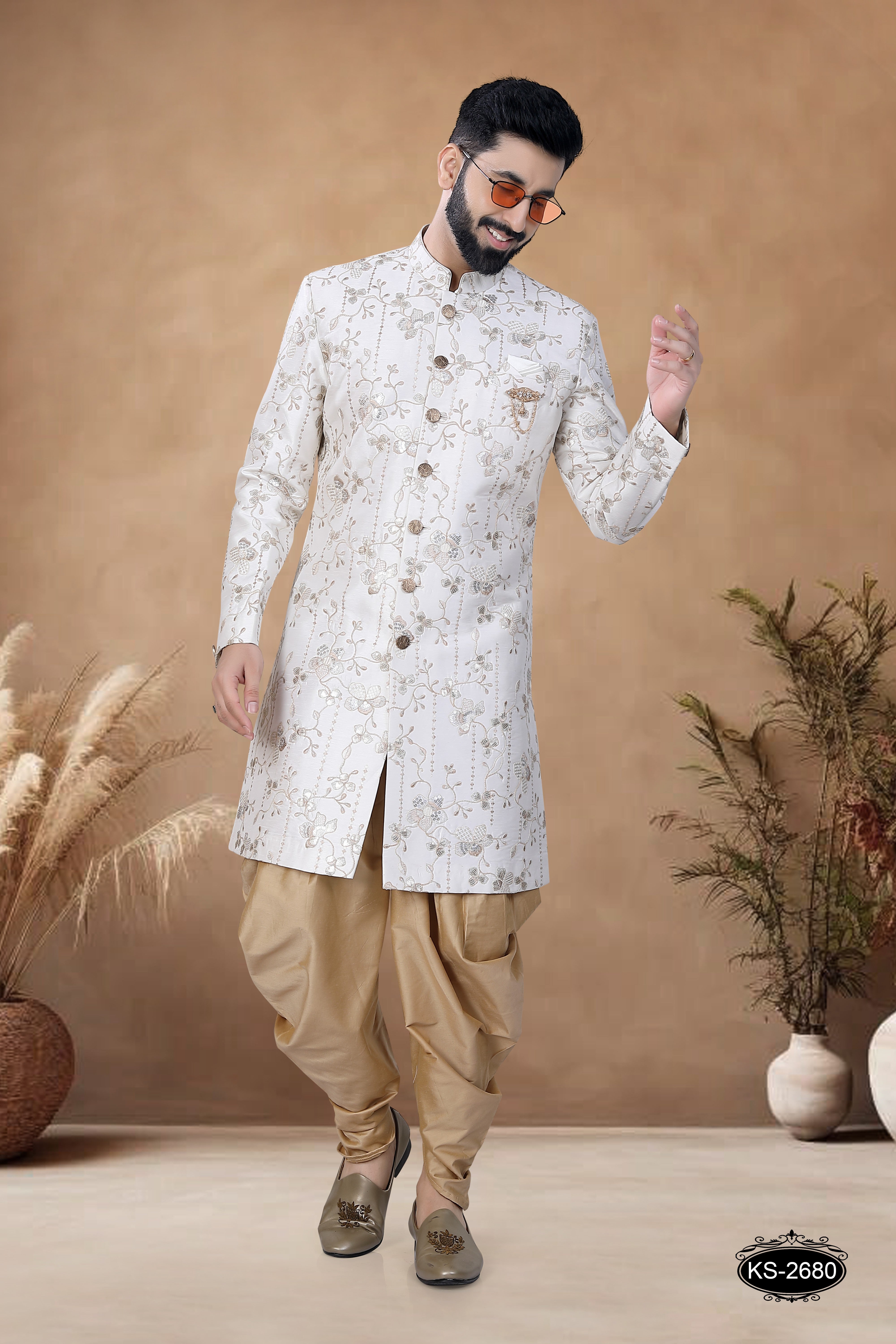 WHITE INDO-WESTERN SET WITH THREAD EMBROIDERYALL-OVER