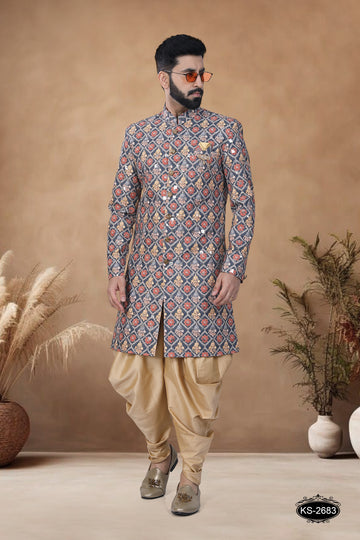 GREEN-BASE ( MULTI-TONE ) INDO-WESTERN SET WITH THREAD EMBROIDERY ALL-OVER
