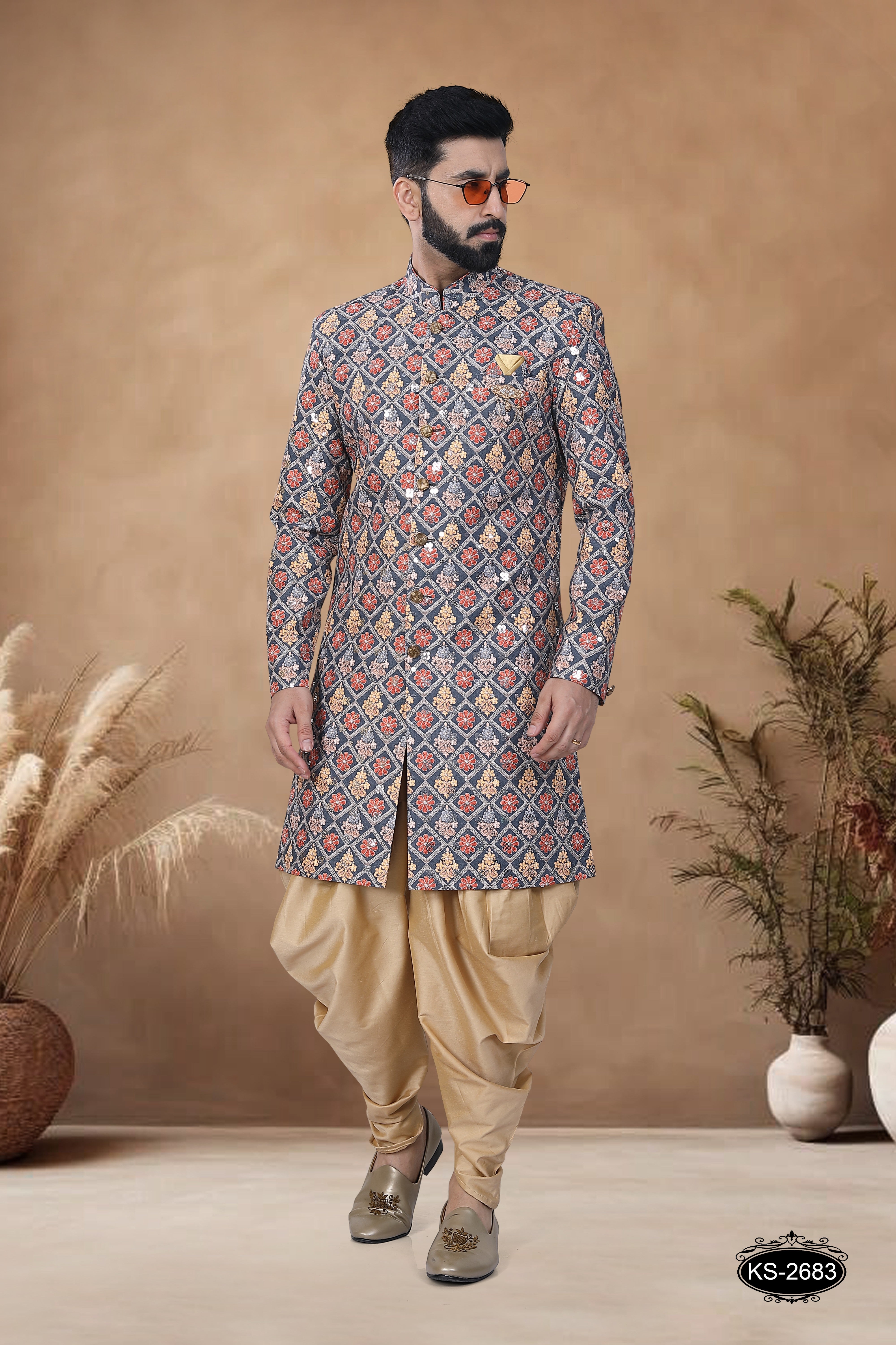 GREEN-BASE ( MULTI-TONE ) INDO-WESTERN SET WITH THREAD EMBROIDERY ALL-OVER