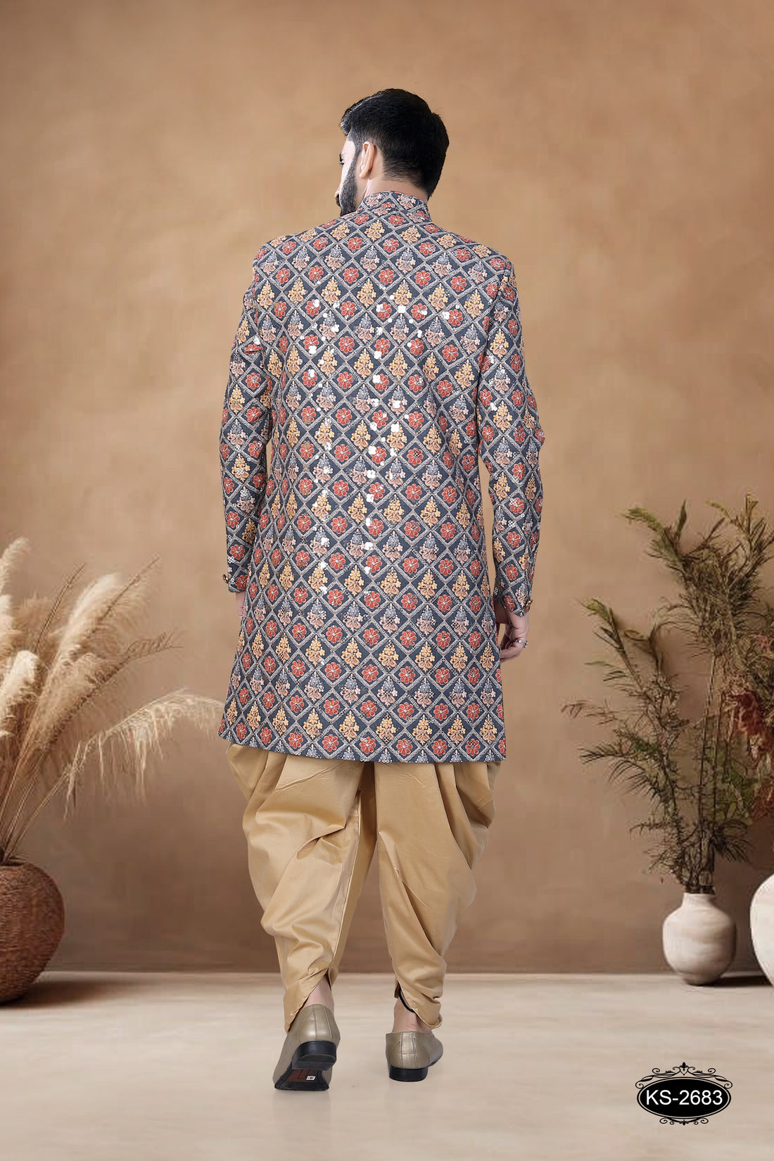 GREEN-BASE ( MULTI-TONE ) INDO-WESTERN SET WITH THREAD EMBROIDERY ALL-OVER