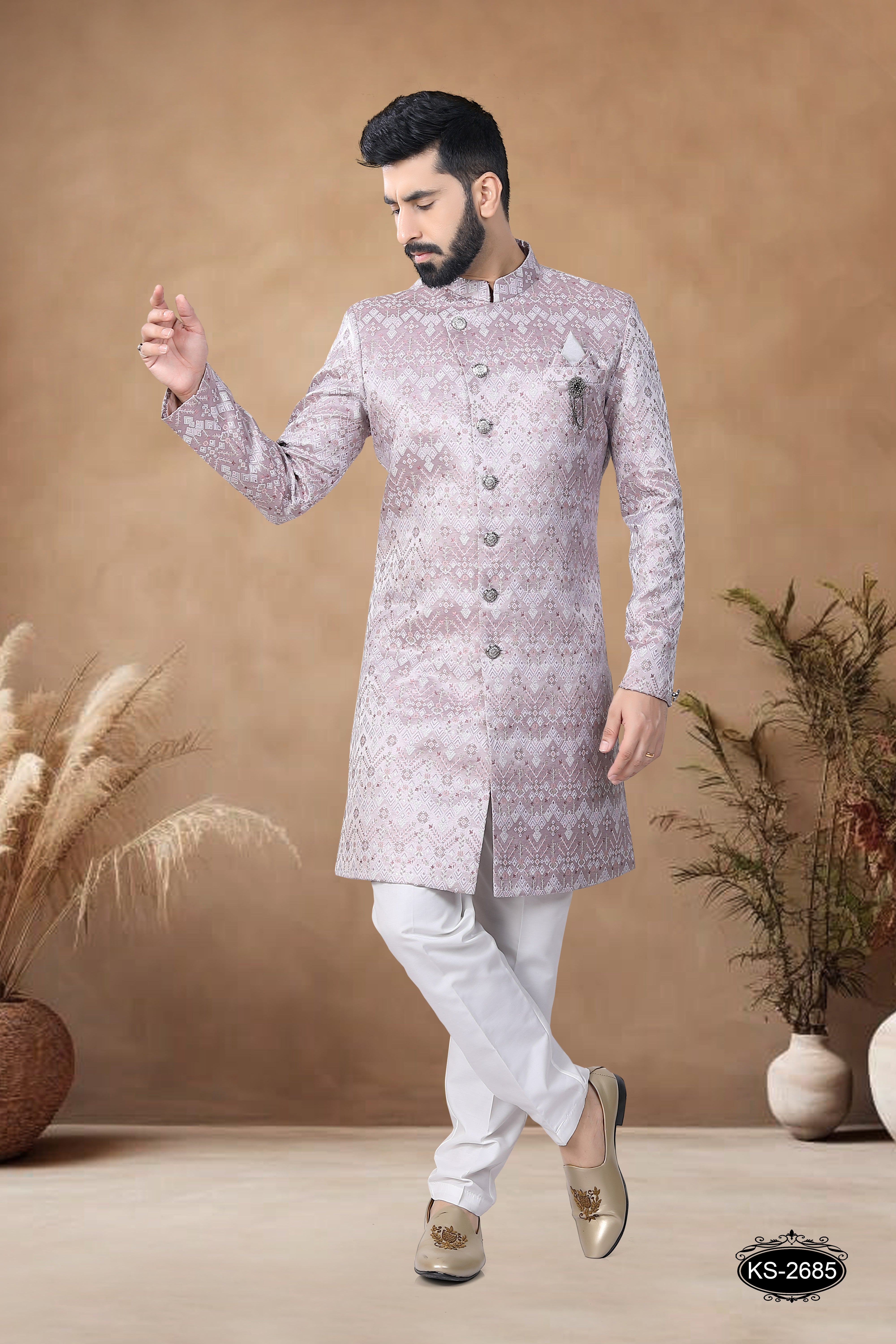 ONION-PINK HUE INDO-WESTERN SET IN UNIQUE PATTERN WITH SELF-DESIGN