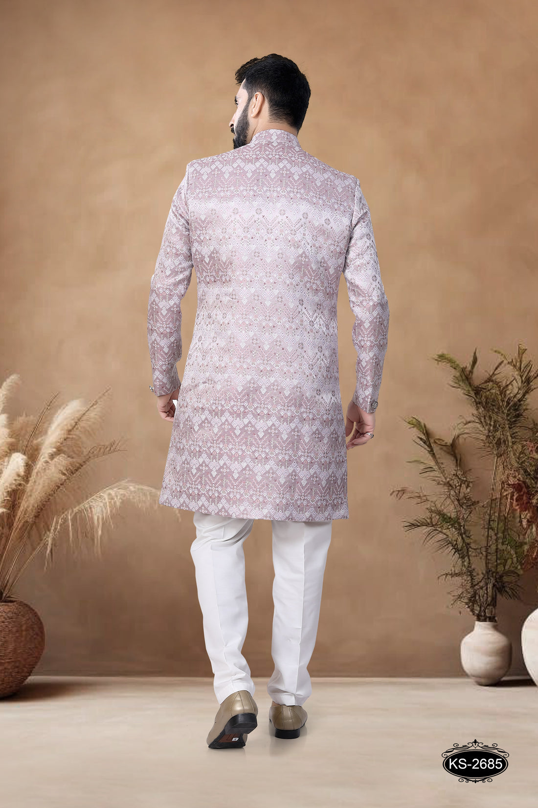 ONION-PINK HUE INDO-WESTERN SET IN UNIQUE PATTERN WITH SELF-DESIGN