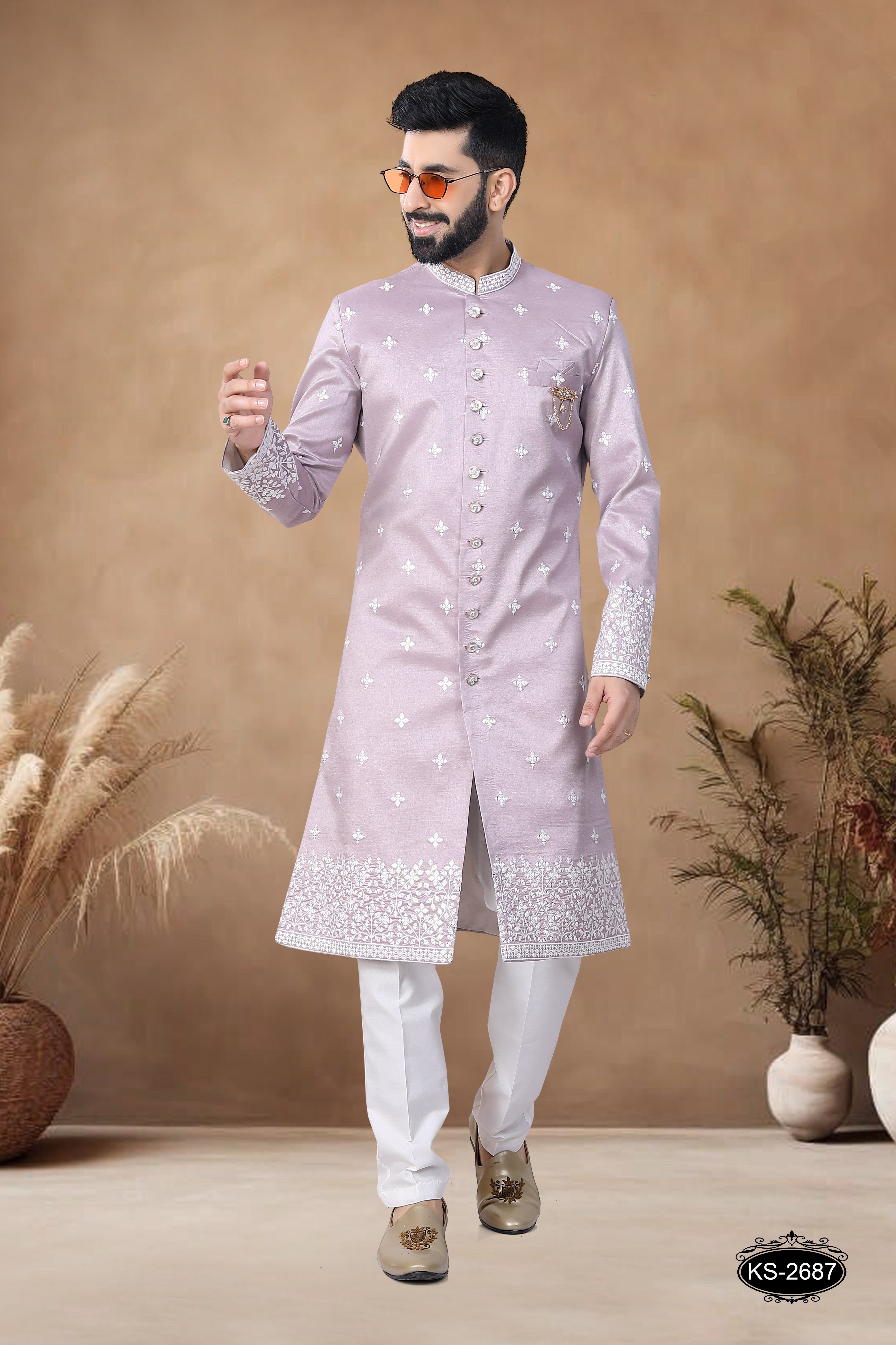 HEAVY PANEL SHERWANI SET IN ONION-PINK HUE FOR EVERY WEDDING OCCASIONS