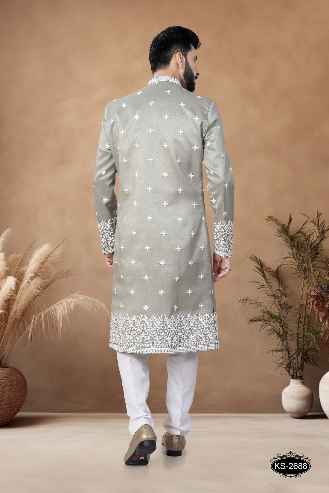 GREEN HUE SHERWANI SET WITH HEAVY PANEL & EMBROIDERY ALL-OVER