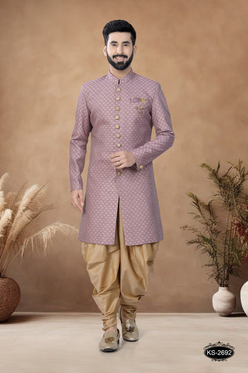 INDO-WESTERN SET IN ONION-PINK TONE WITH SELF-DESIGN
