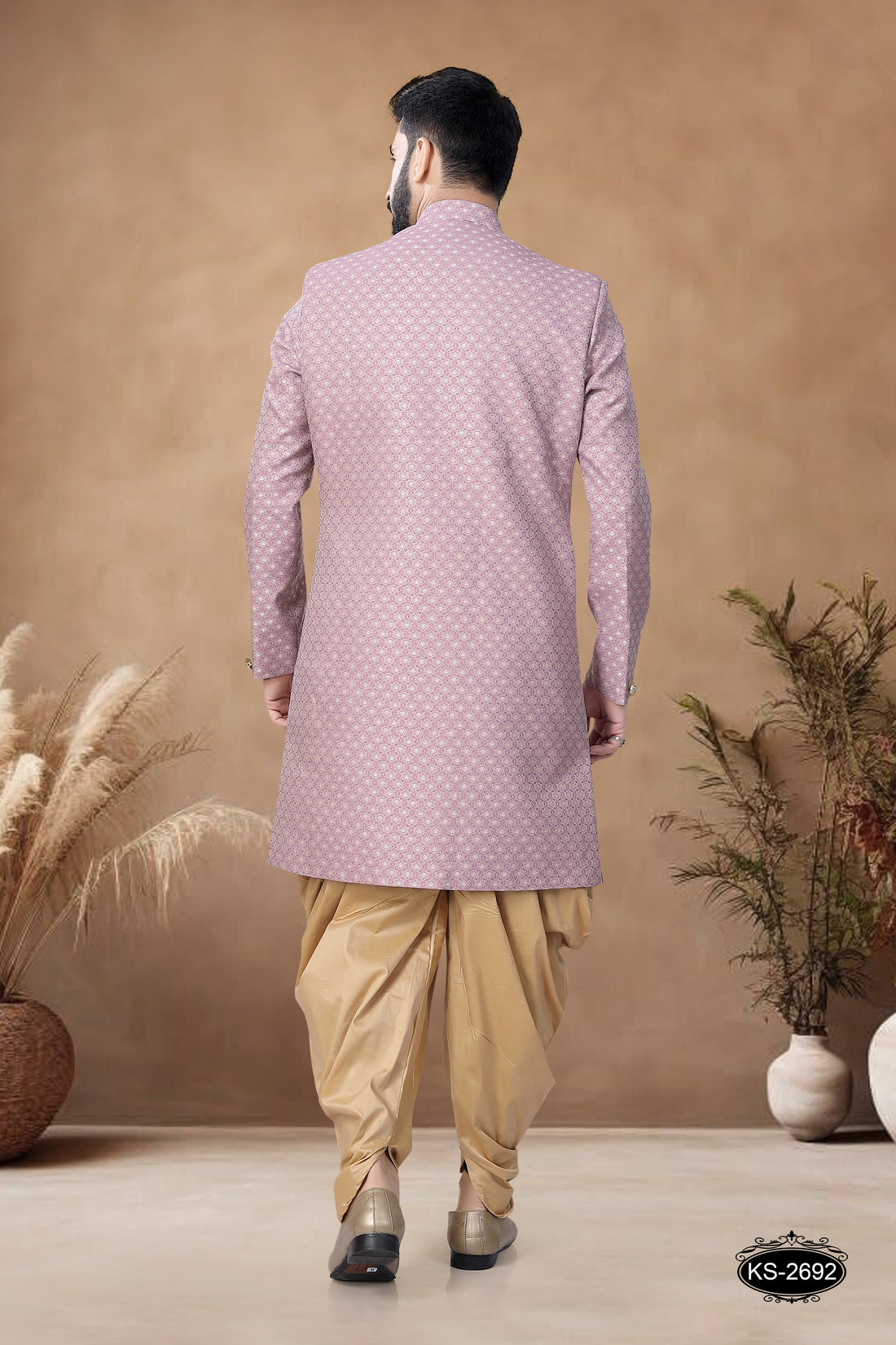 INDO-WESTERN SET IN ONION-PINK TONE WITH SELF-DESIGN
