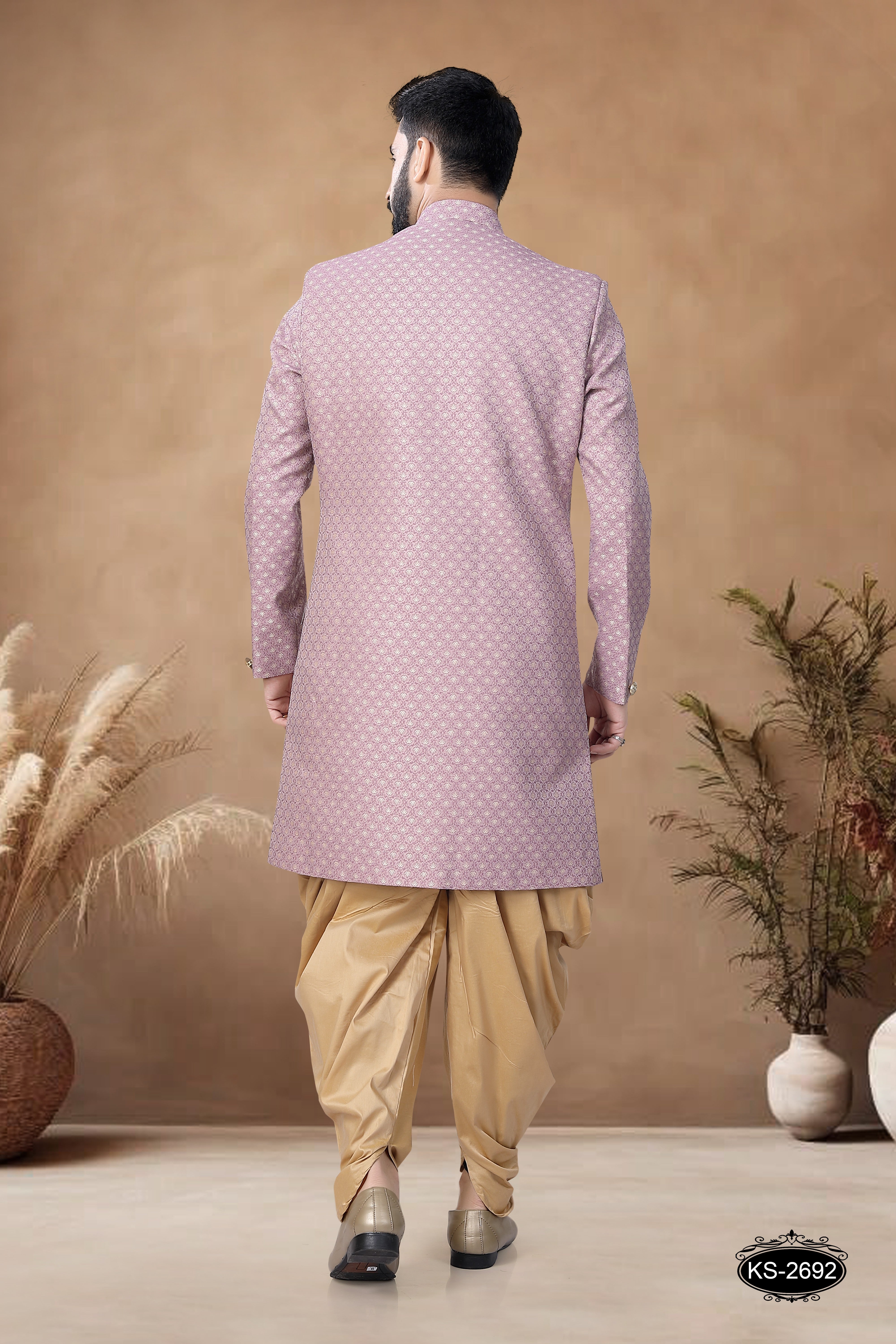 INDO-WESTERN SET IN ONION-PINK TONE WITH SELF-DESIGN