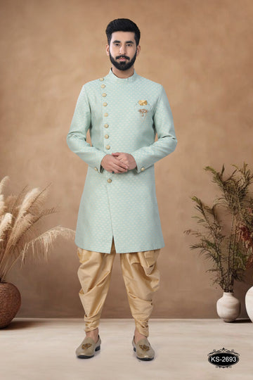 UNIQUE STYLE INDO-WESTERN SET IN GREEN HUE WITH SELF-DESIGN
