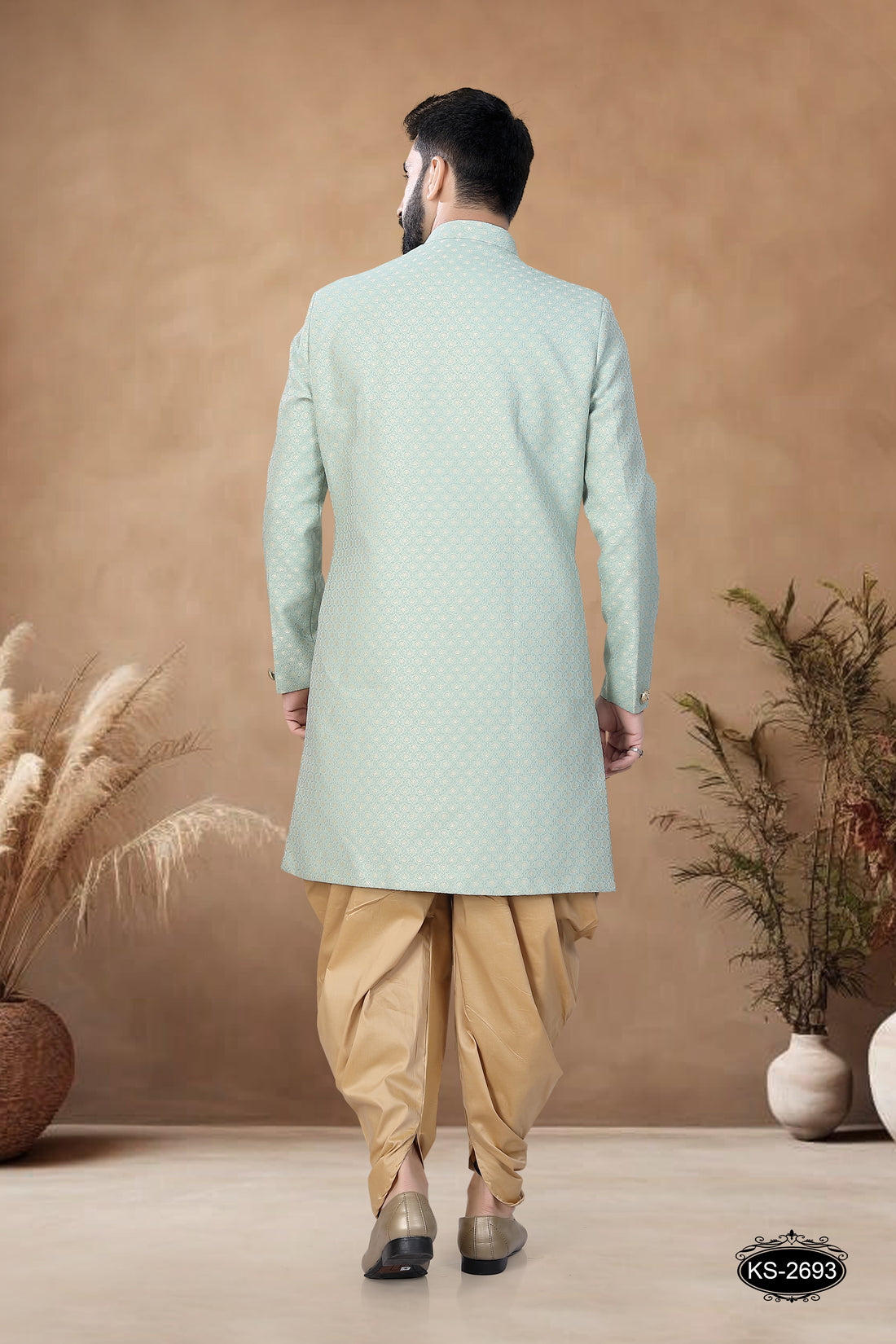 UNIQUE STYLE INDO-WESTERN SET IN GREEN HUE WITH SELF-DESIGN