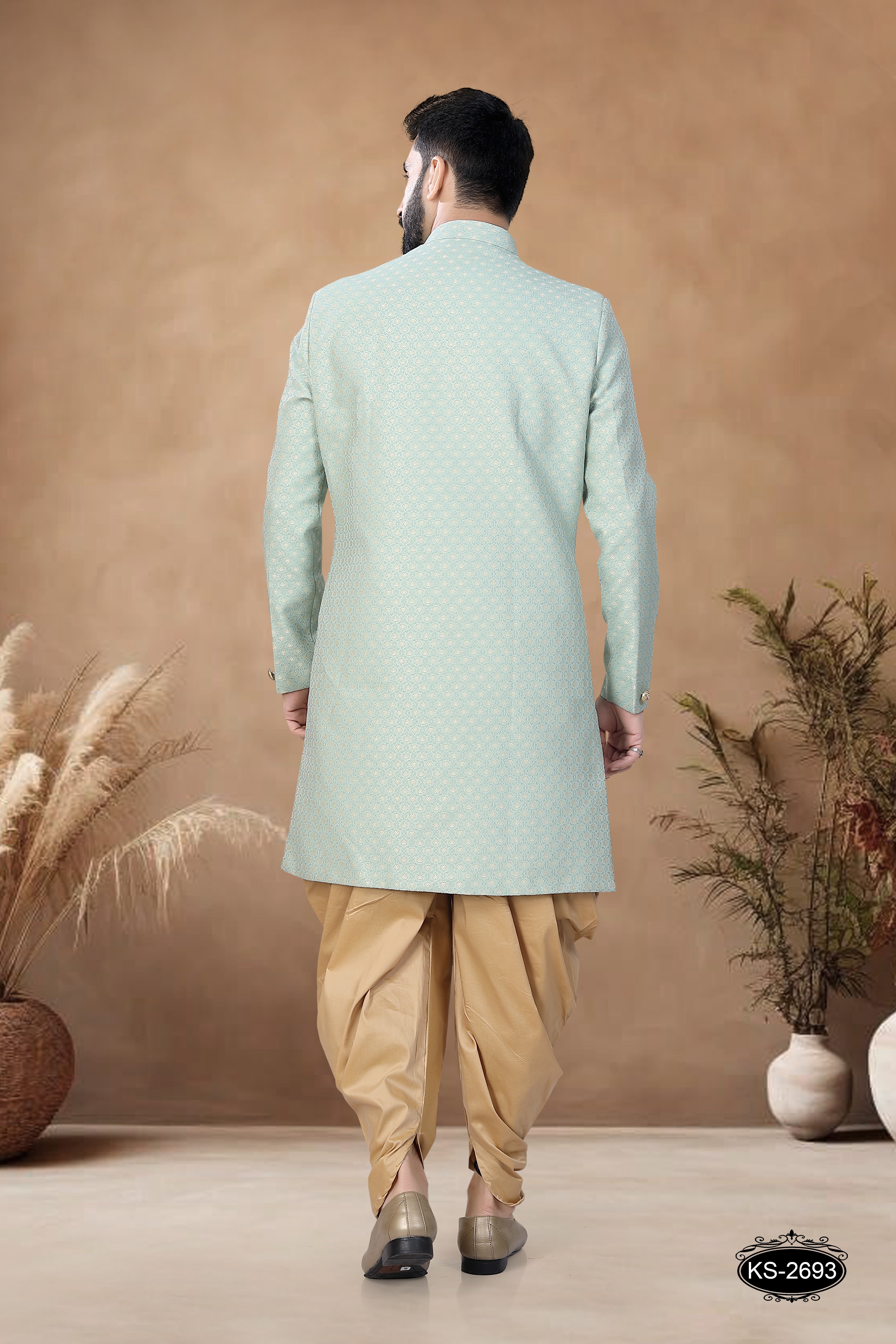 UNIQUE STYLE INDO-WESTERN SET IN GREEN HUE WITH SELF-DESIGN