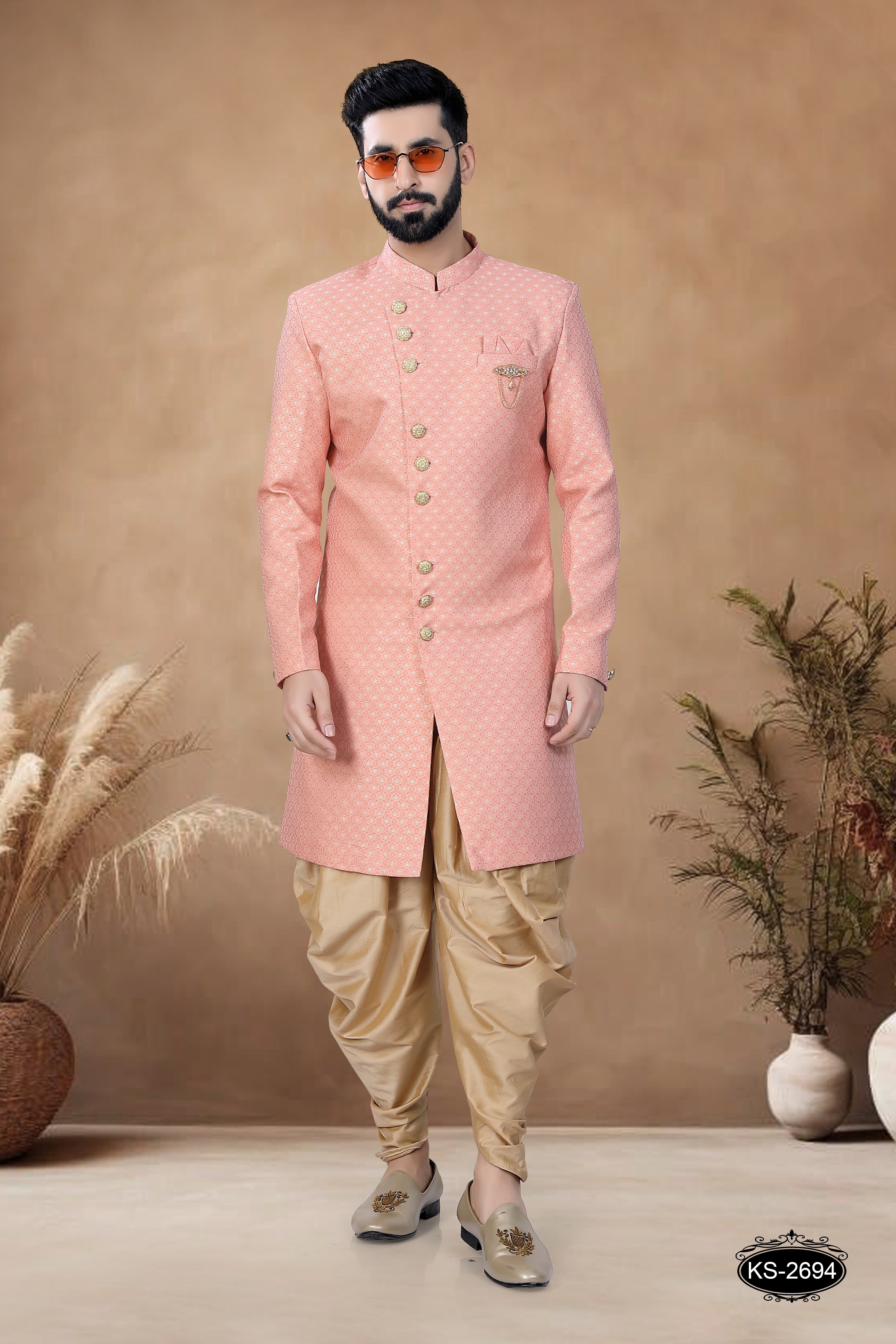 PEACH TONE INDO-WESTERN SET WITH SELF-DESIGN & UNIQUE STYLE