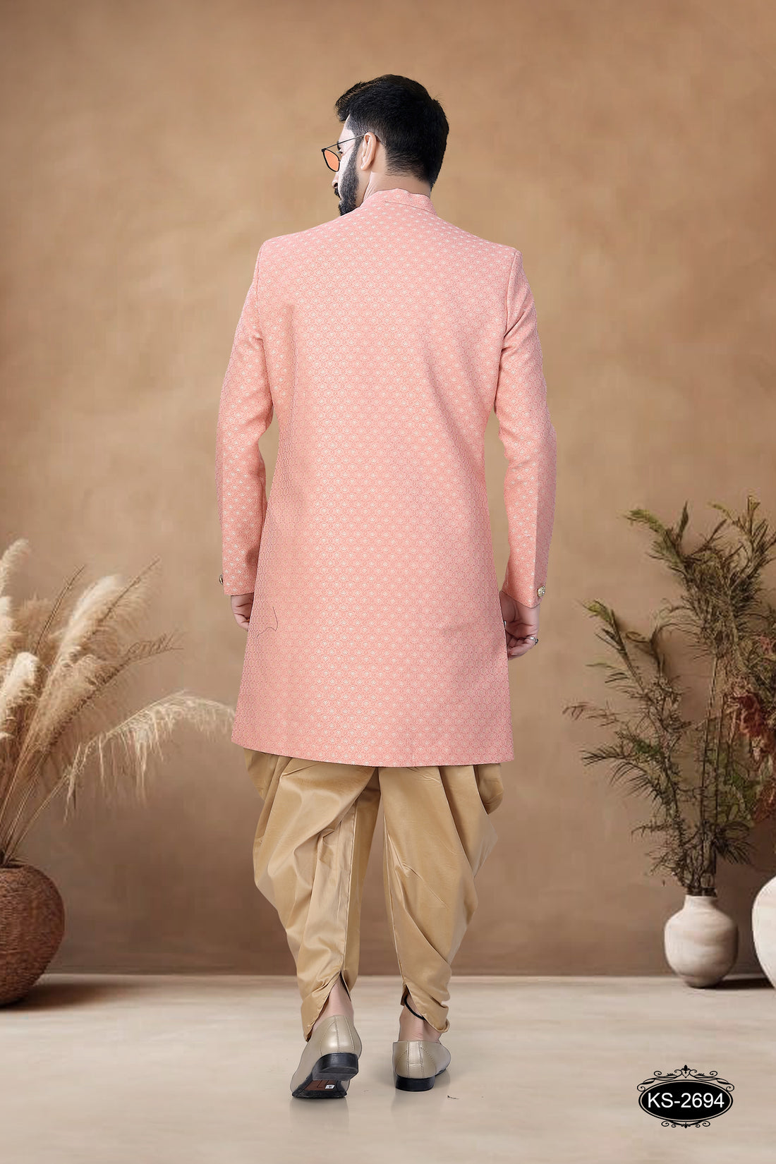 PEACH TONE INDO-WESTERN SET WITH SELF-DESIGN & UNIQUE STYLE