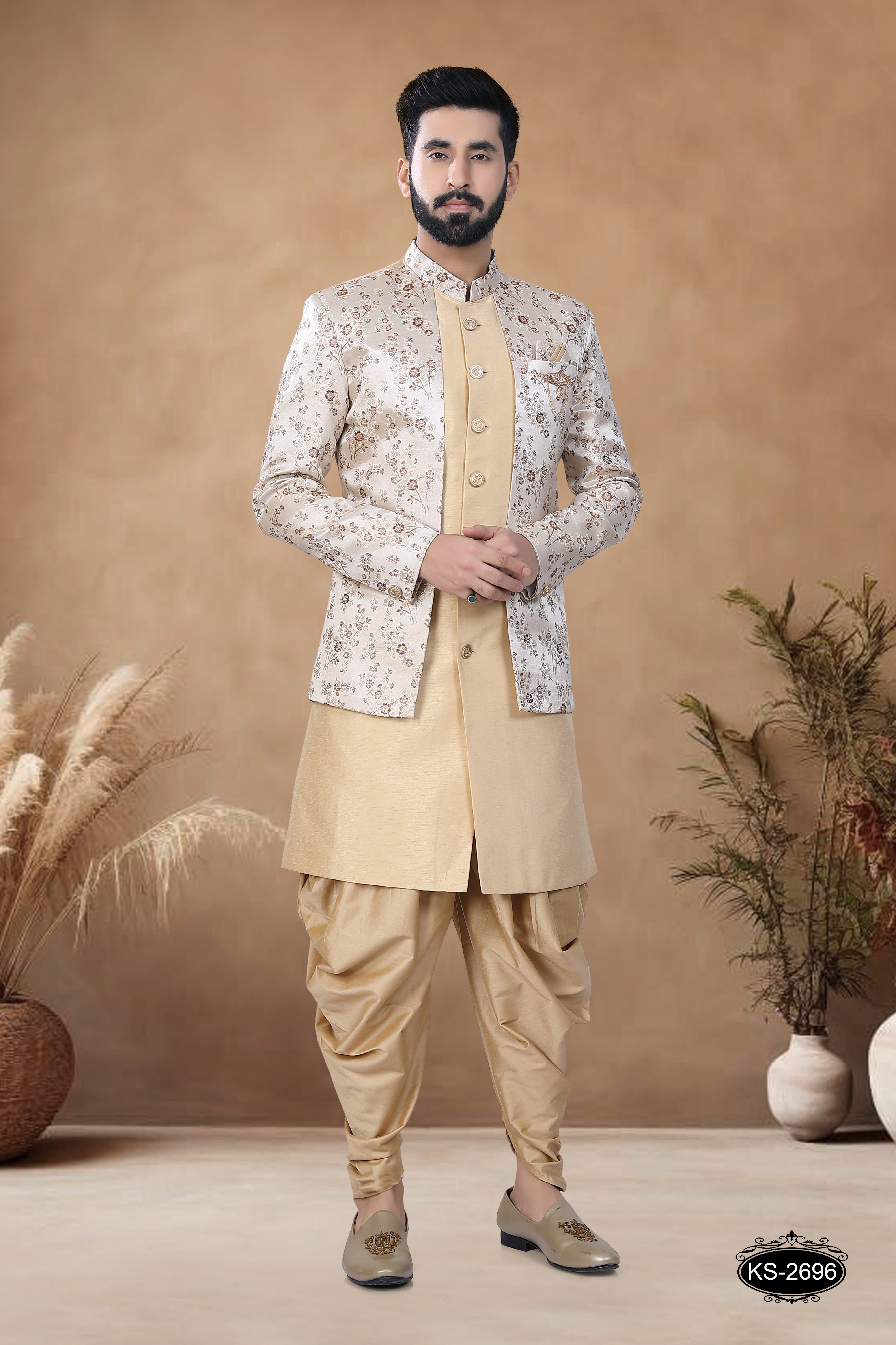 UNIQUE JACKET STYLE INDO-WESTERN SET IN GOLD