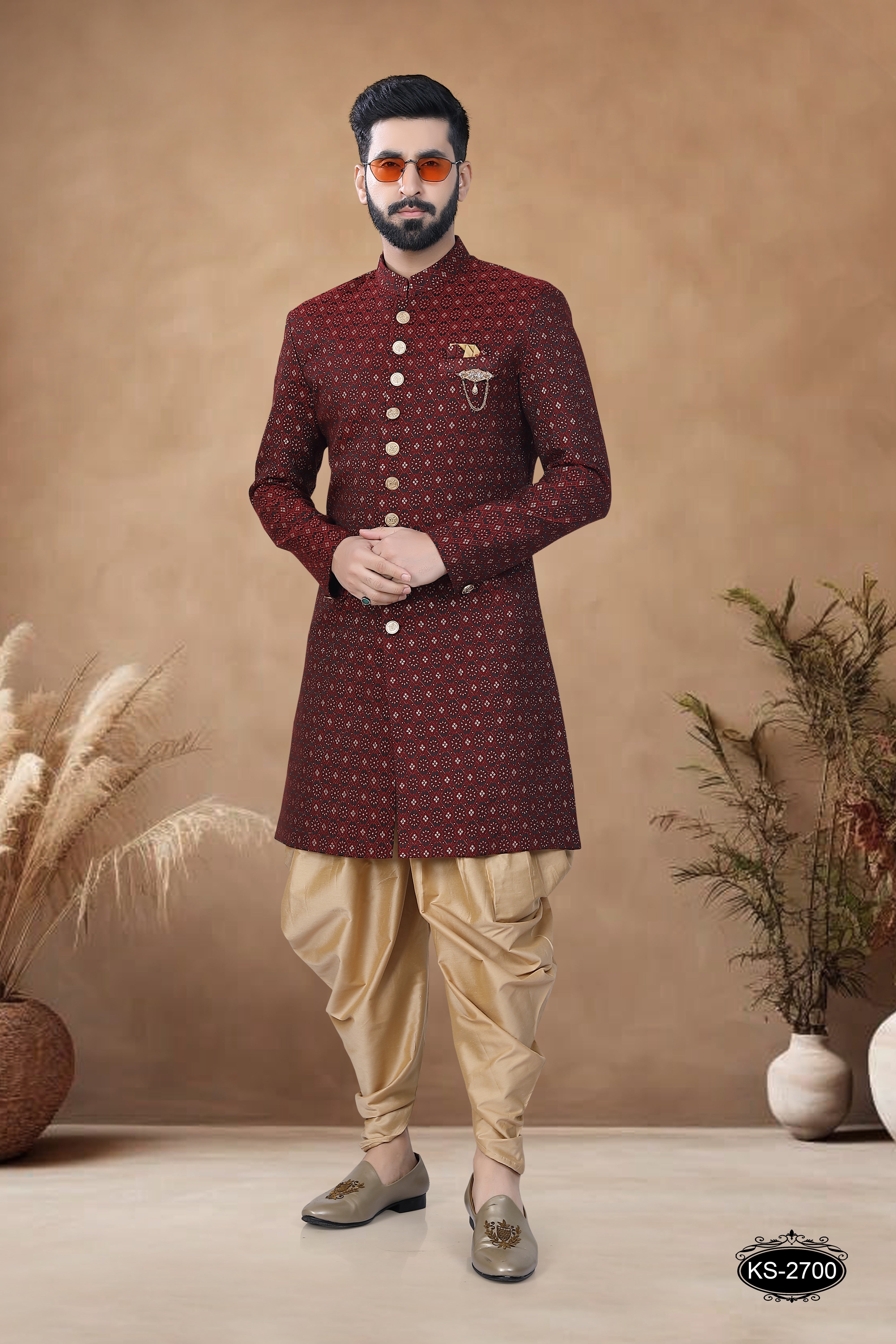 MAROON INDO-WESTERN SET WITH SELF-DESIGN ALL-OVER