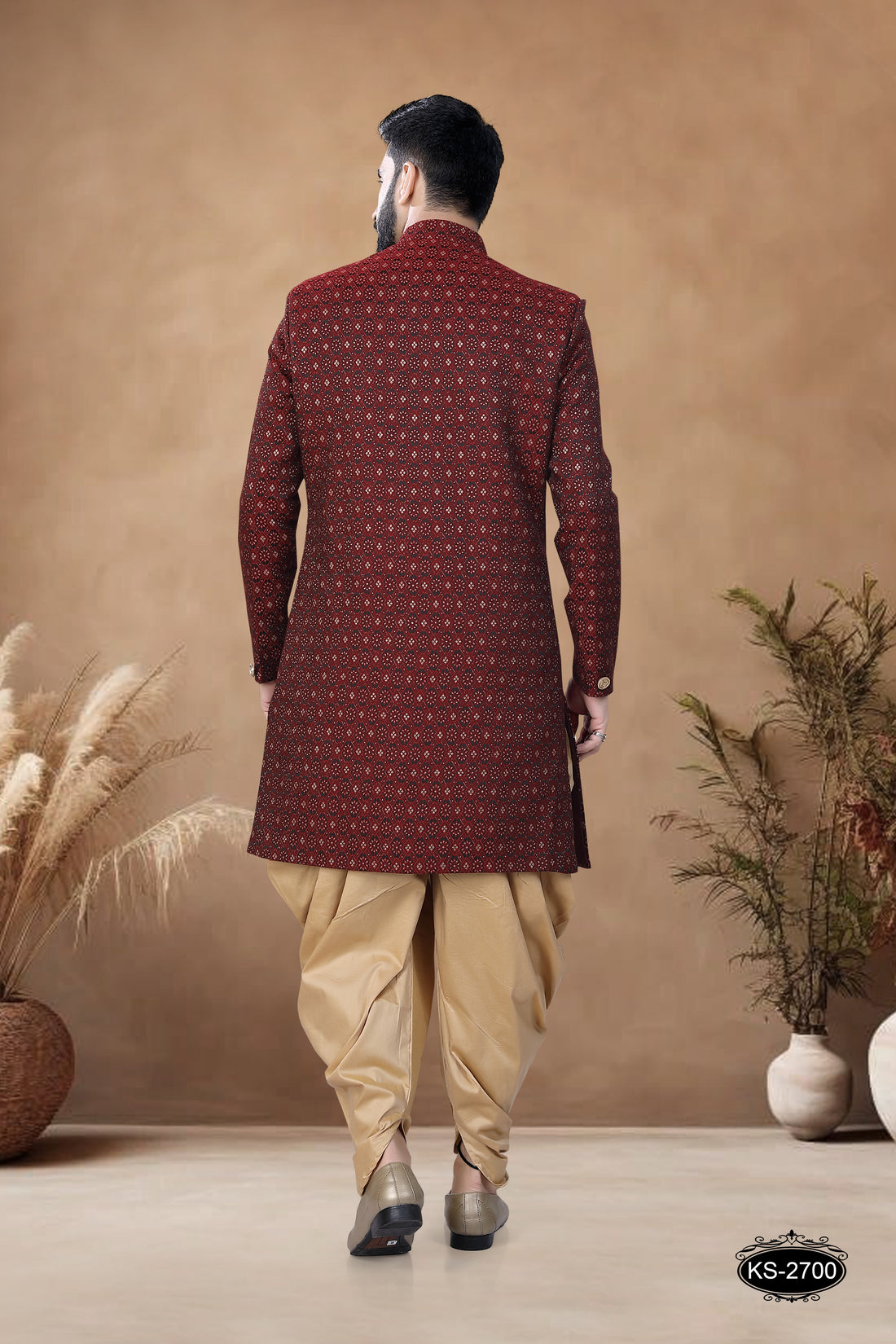 MAROON INDO-WESTERN SET WITH SELF-DESIGN ALL-OVER
