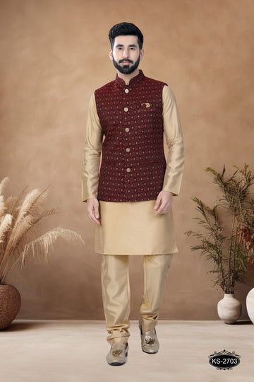 JACKET KURTA SET IN MAROON TONE WITH SELF-DESIGN