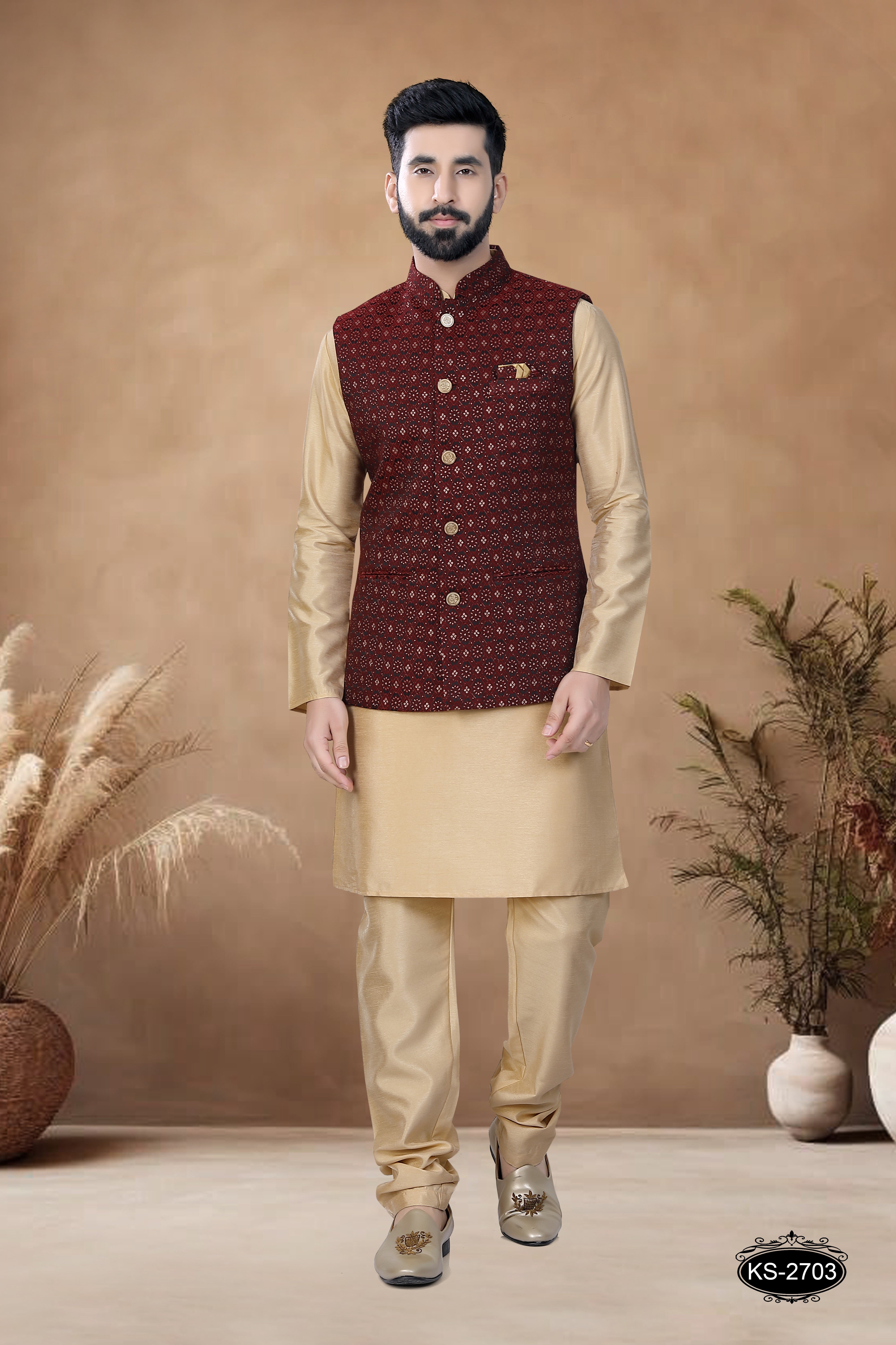 JACKET KURTA SET IN MAROON TONE WITH SELF-DESIGN