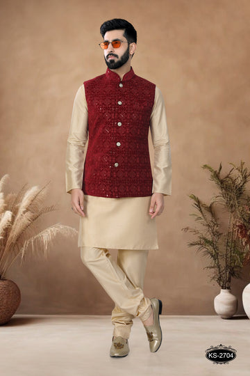 MAROON VELVET JACKET WITH THREAD EMBROIDERY ALL-OVER