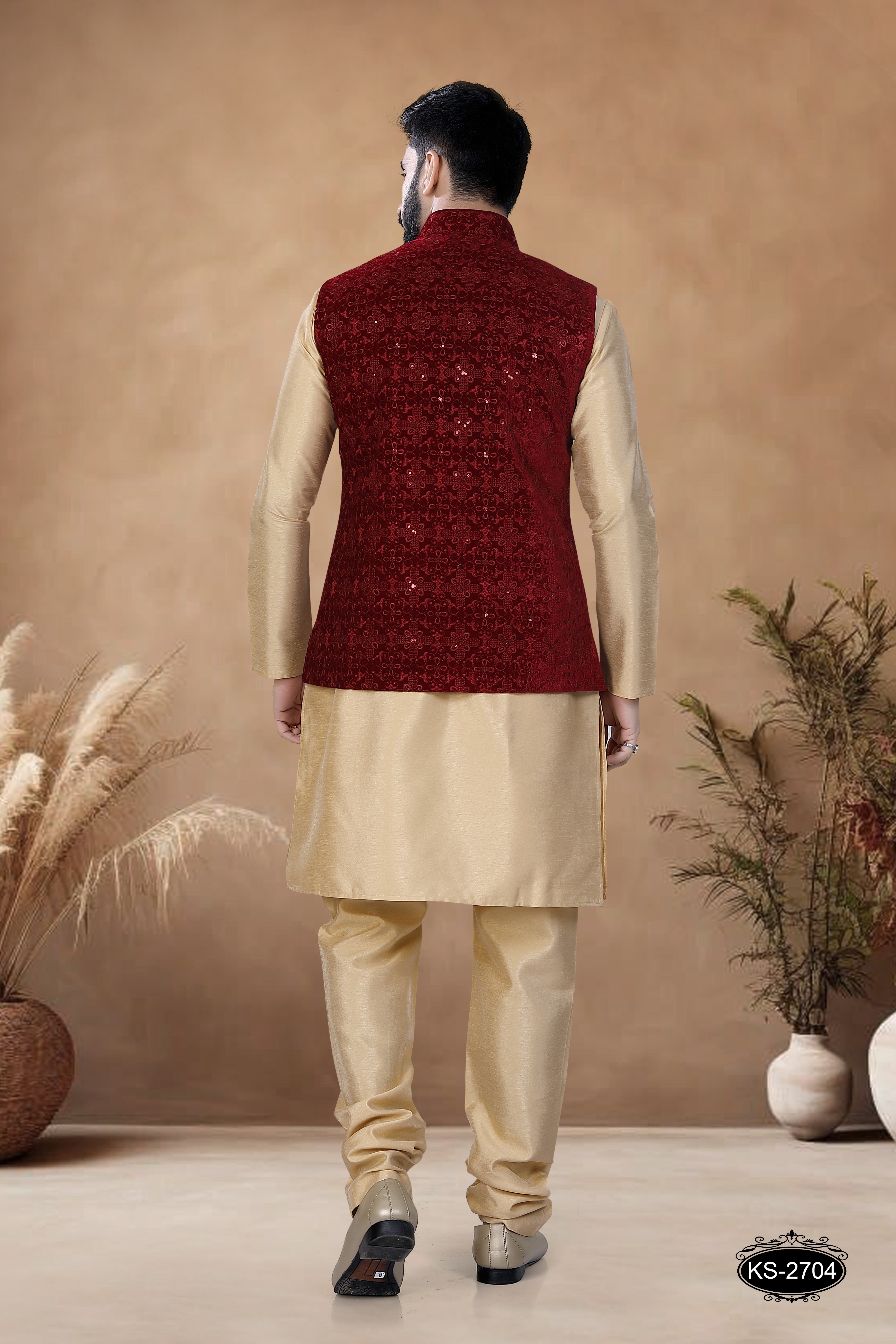 MAROON VELVET JACKET WITH THREAD EMBROIDERY ALL-OVER