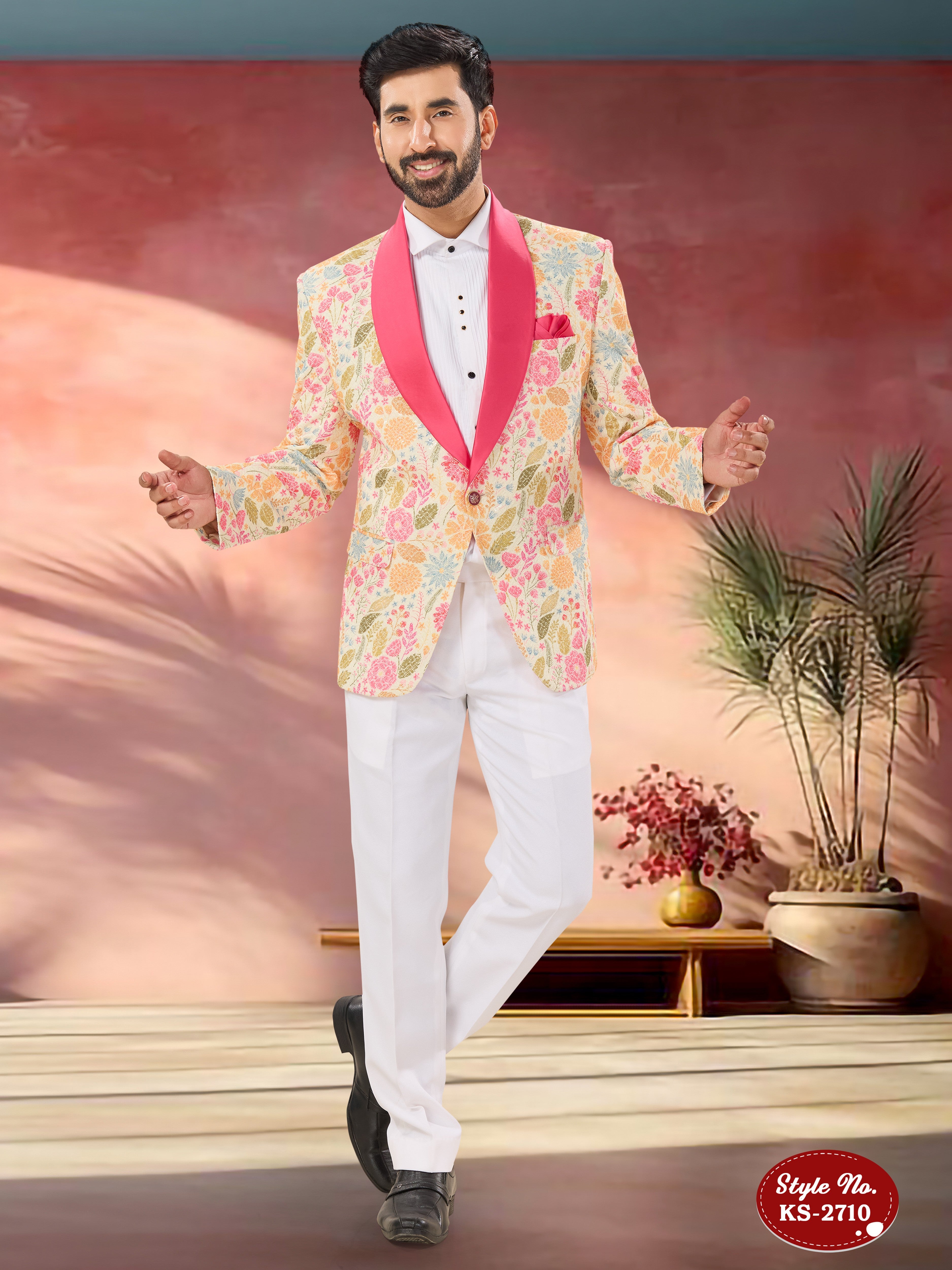 WHITE WITH MULTI-TONE 3 PC SUIT WITH HEAVY THREAD EMBROIDERY ALL-OVER