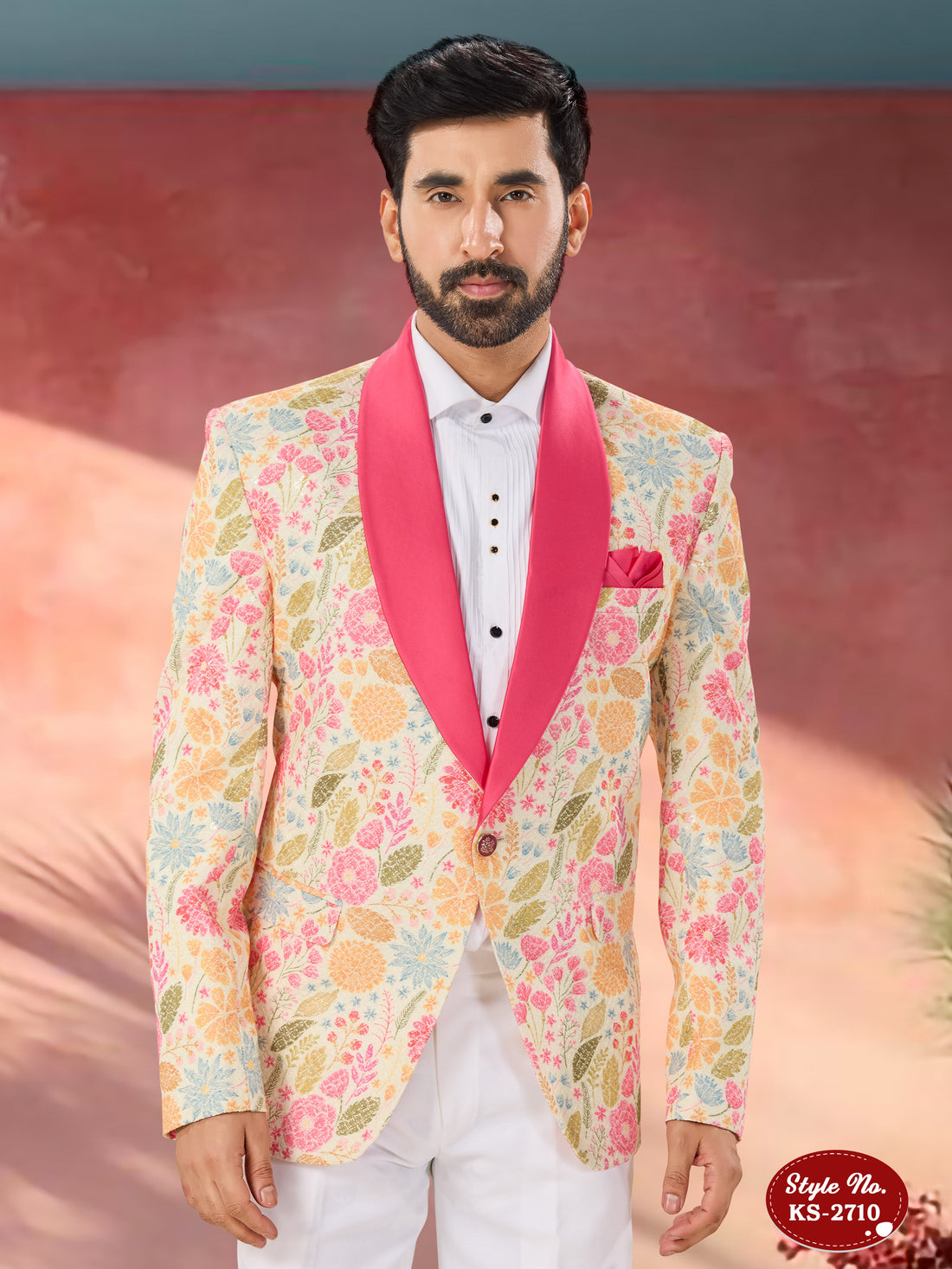 WHITE WITH MULTI-TONE 3 PC SUIT WITH HEAVY THREAD EMBROIDERY ALL-OVER