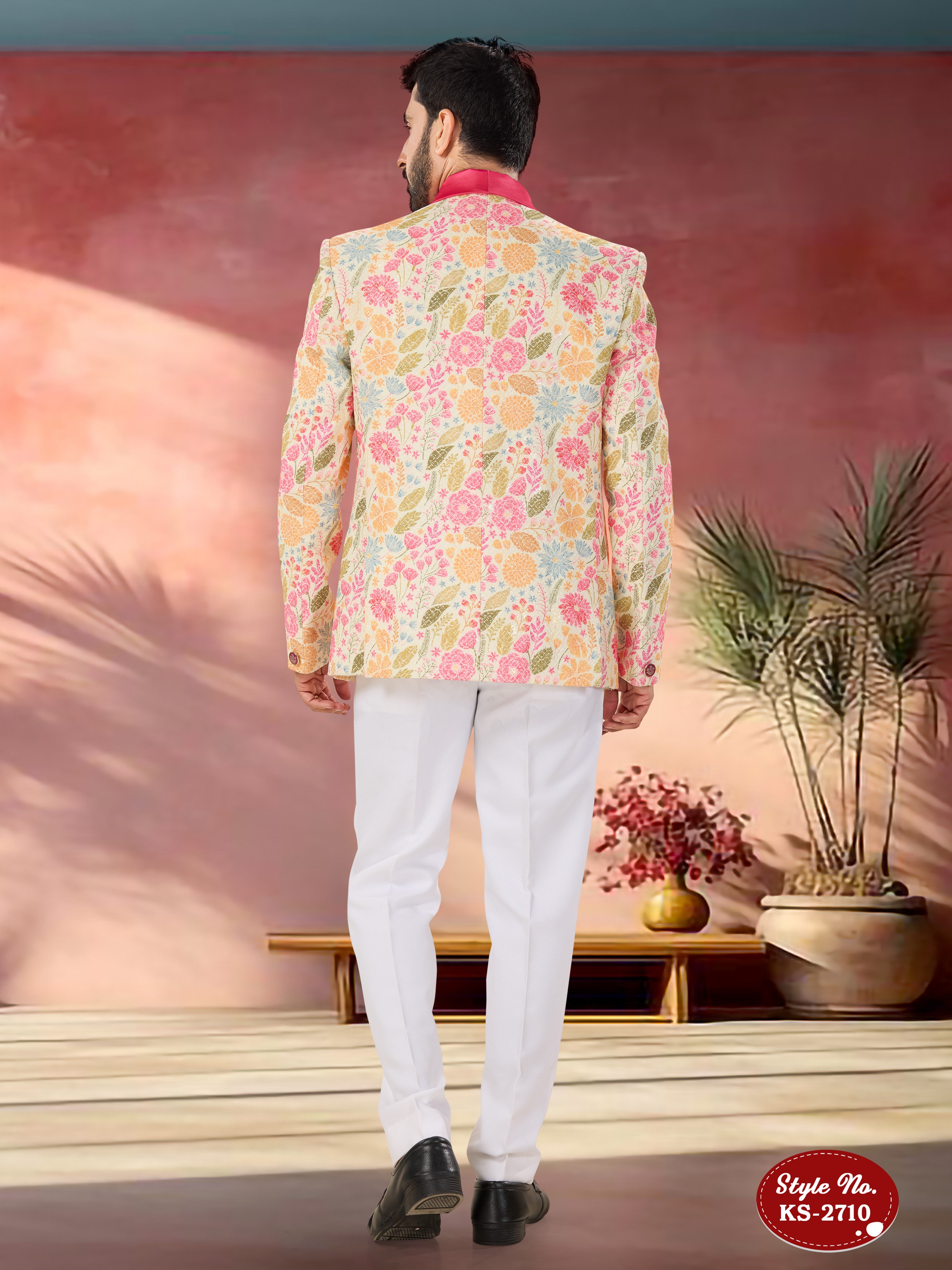WHITE WITH MULTI-TONE 3 PC SUIT WITH HEAVY THREAD EMBROIDERY ALL-OVER