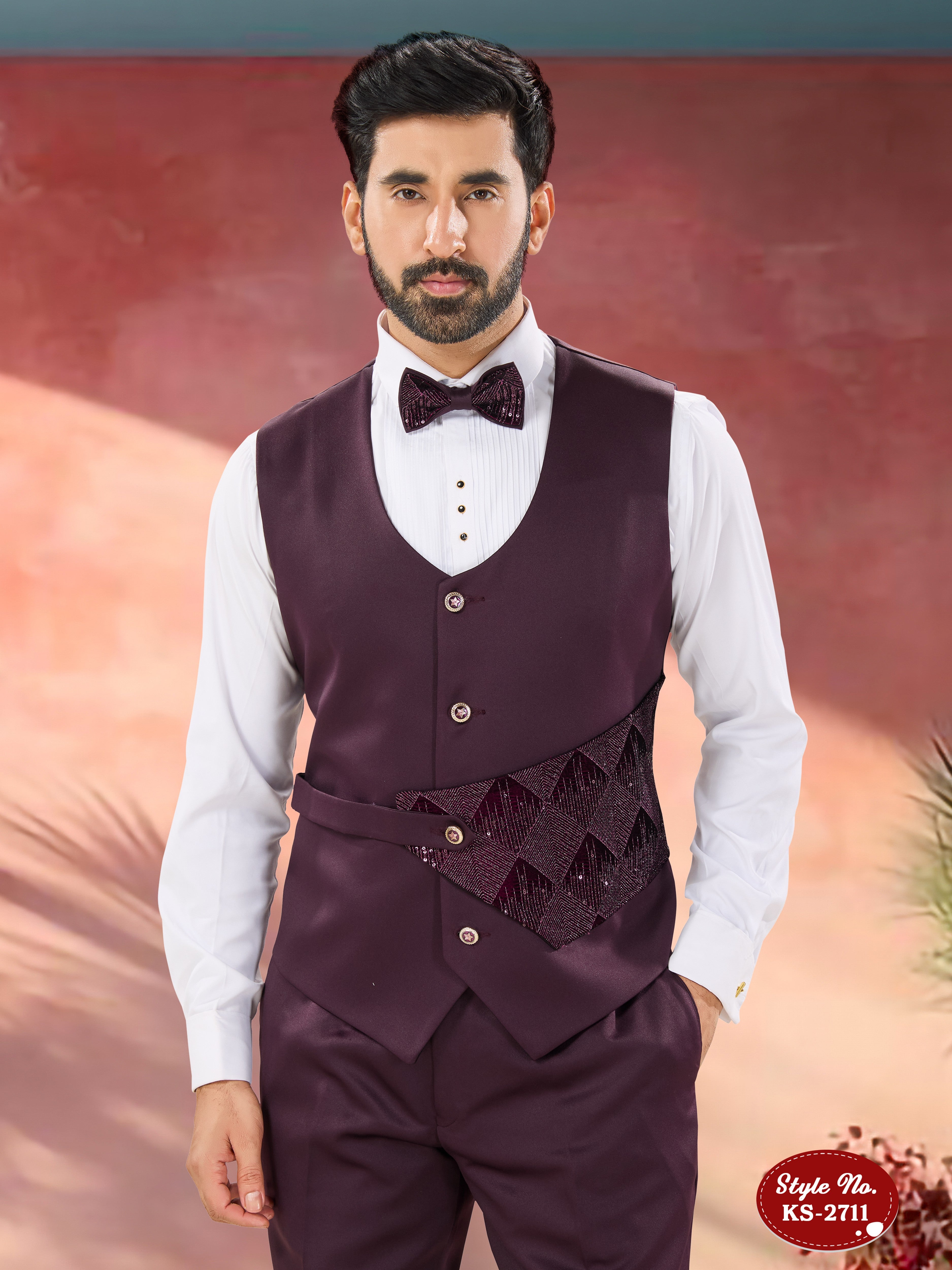 WINE VELVET 5 PC SUIT WITH HEAVY THREAD EMBROIDERY ALL-OVER