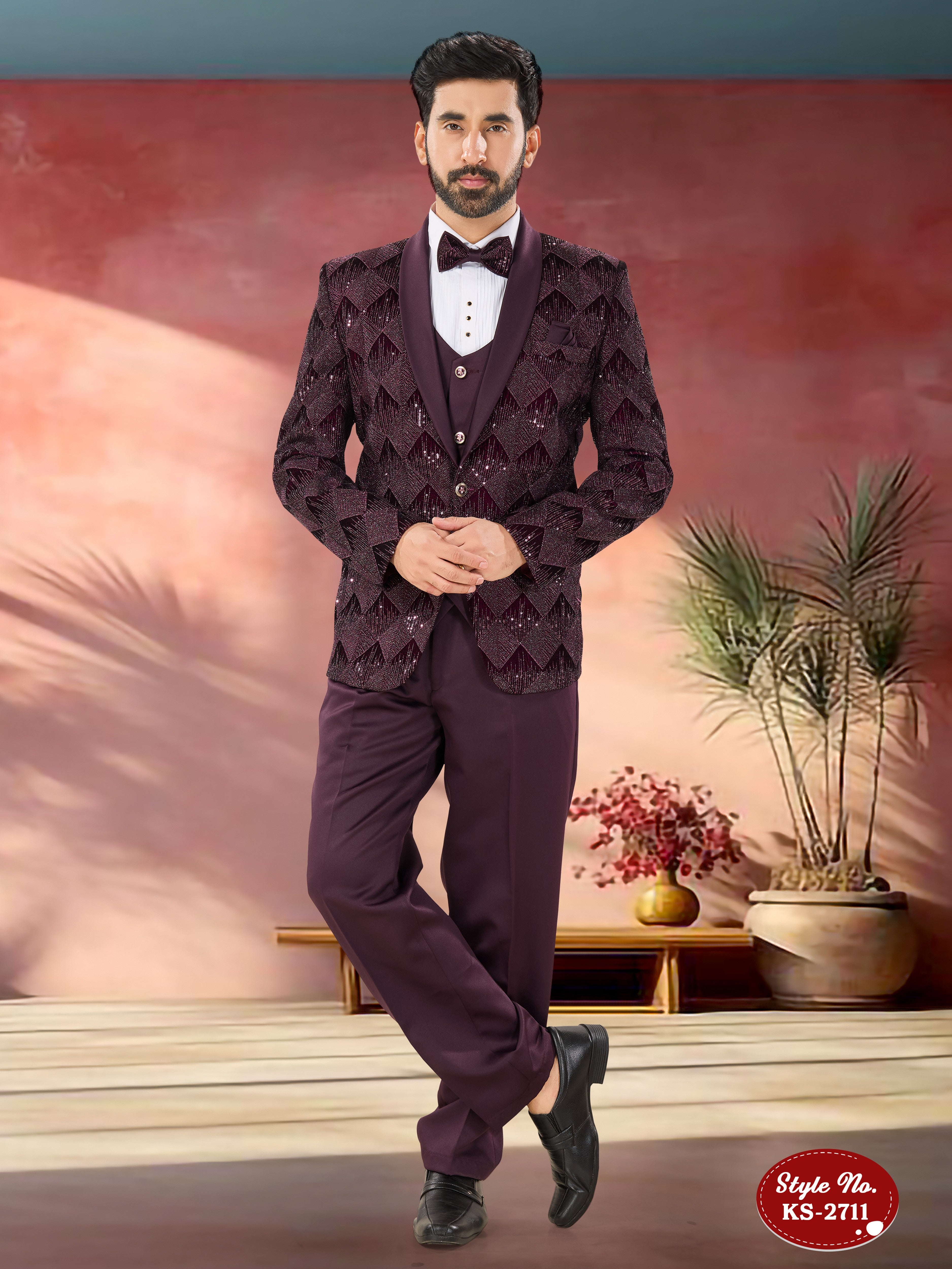 WINE VELVET 5 PC SUIT WITH HEAVY THREAD EMBROIDERY ALL-OVER